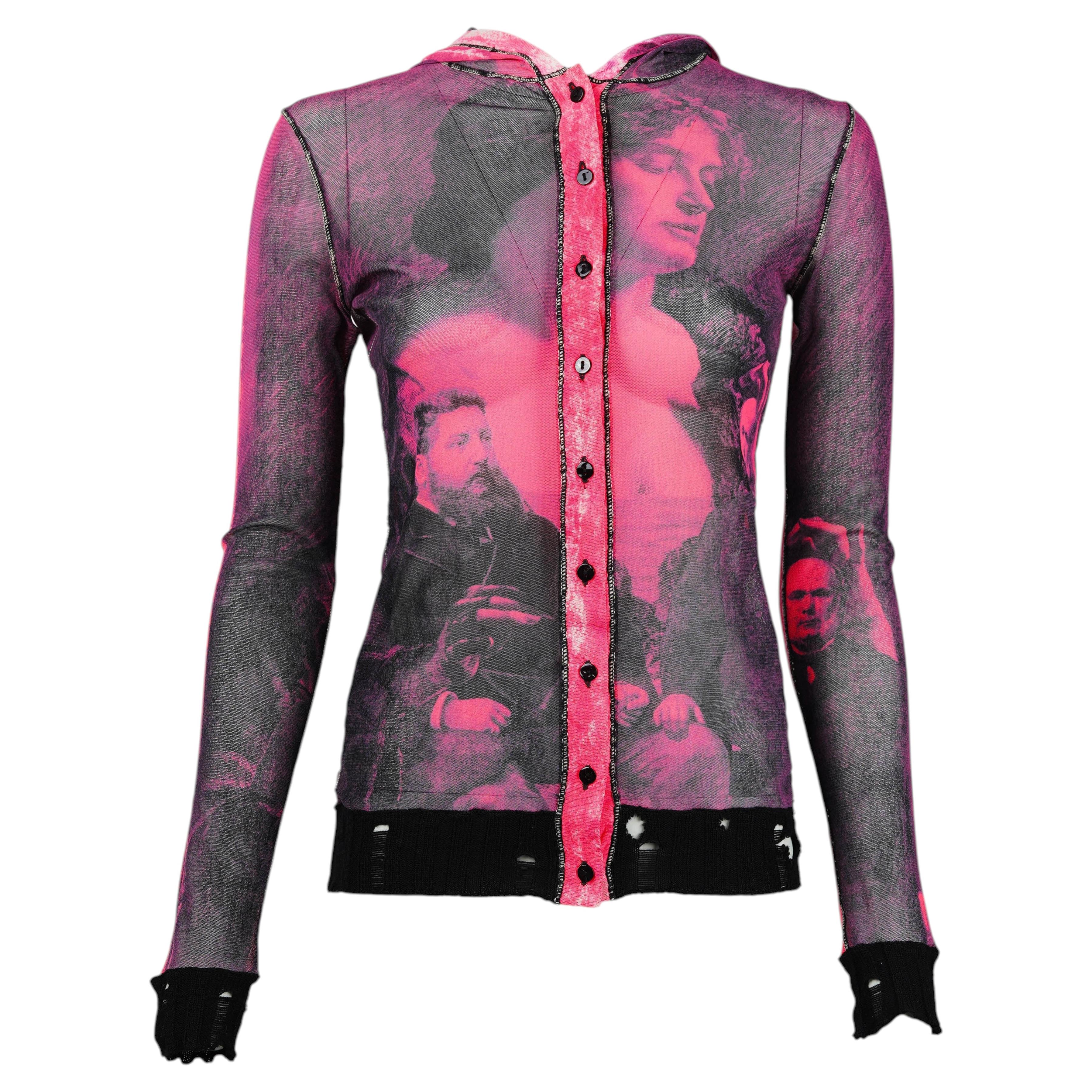 Jean Paul Gaultier Femme 1998 "Estampado antiguo" Top de malla con capucha Talla S en venta