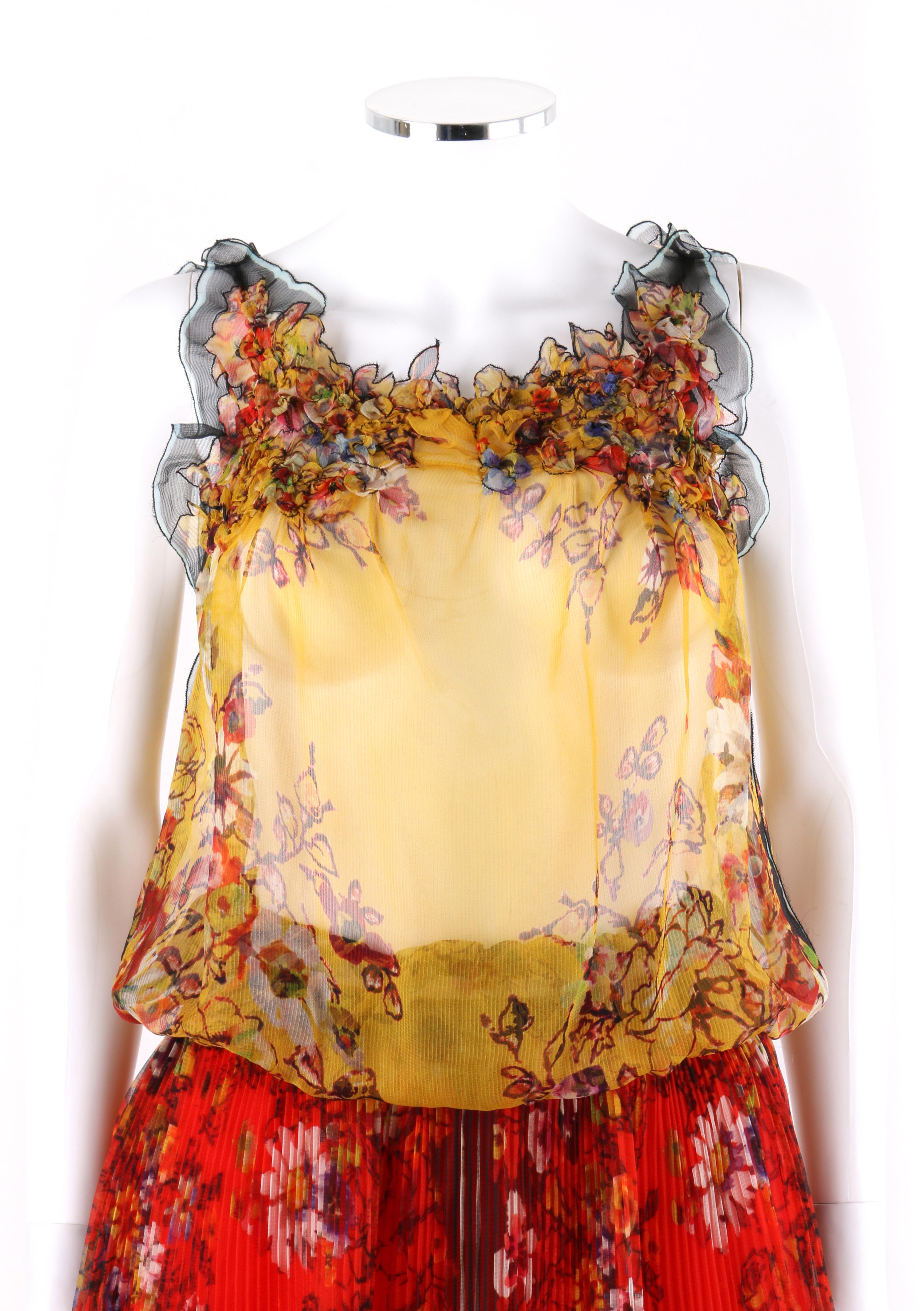 DESCRIPTION: JEAN PAUL GAULTIER Femme c.2000’s 3 Pc Red Yellow Floral Tank Top Skirt Slip Dress Set 
 
Brand / Manufacturer: Jean Paul Gaultier 
Style: Blouson tank top, slip and accordion skirt. 
Color(s): Shades of red, yellow, green, blue,