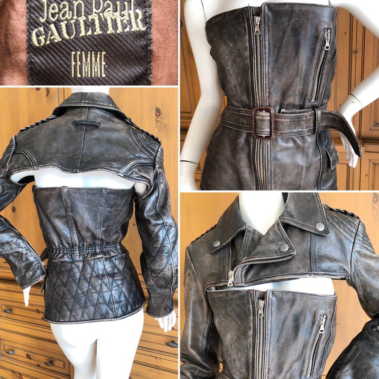 Jean Paul Gaultier Femme Distressed Leather 2 Part Moto Jacket
