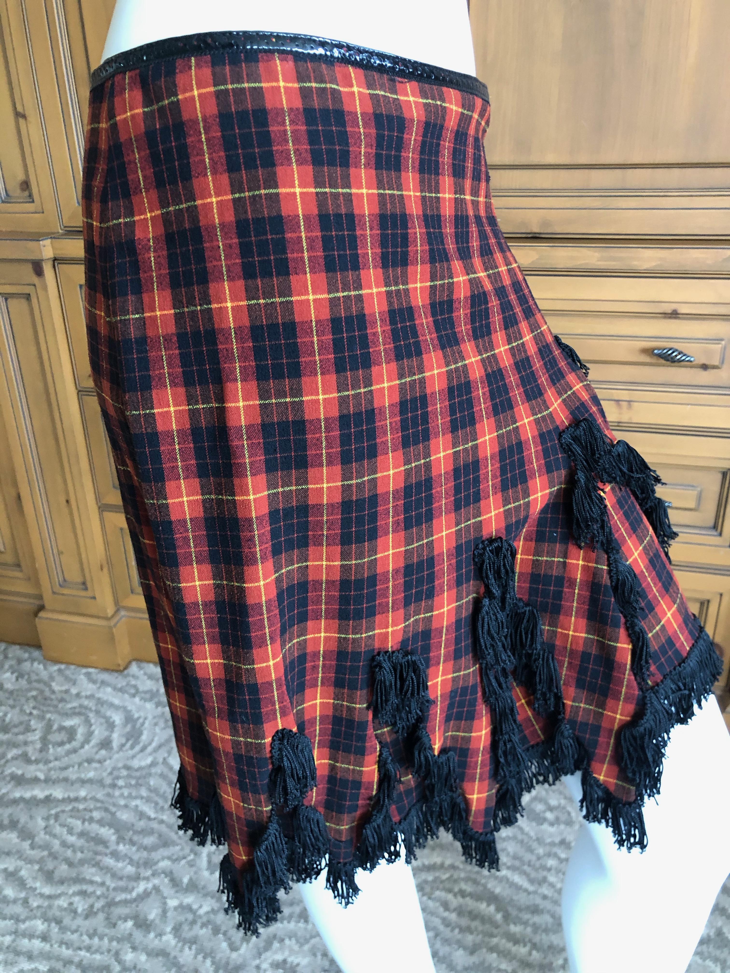Jean Paul Gaultier Femme Fringed Tartan Wrap Kilt Skirt with Patent Leather Trim For Sale 2
