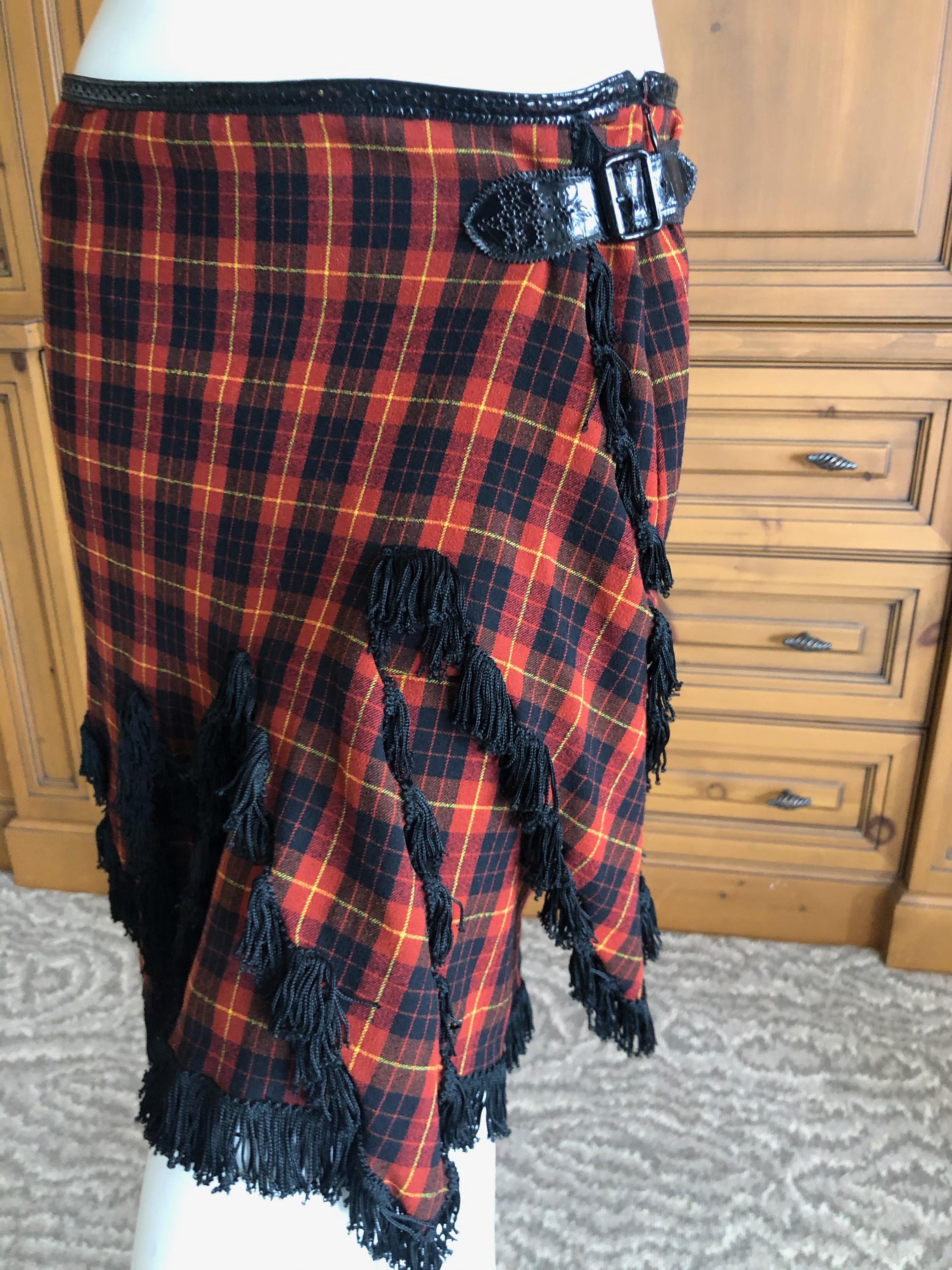 Black Jean Paul Gaultier Femme Fringed Tartan Wrap Kilt Skirt with Patent Leather Trim