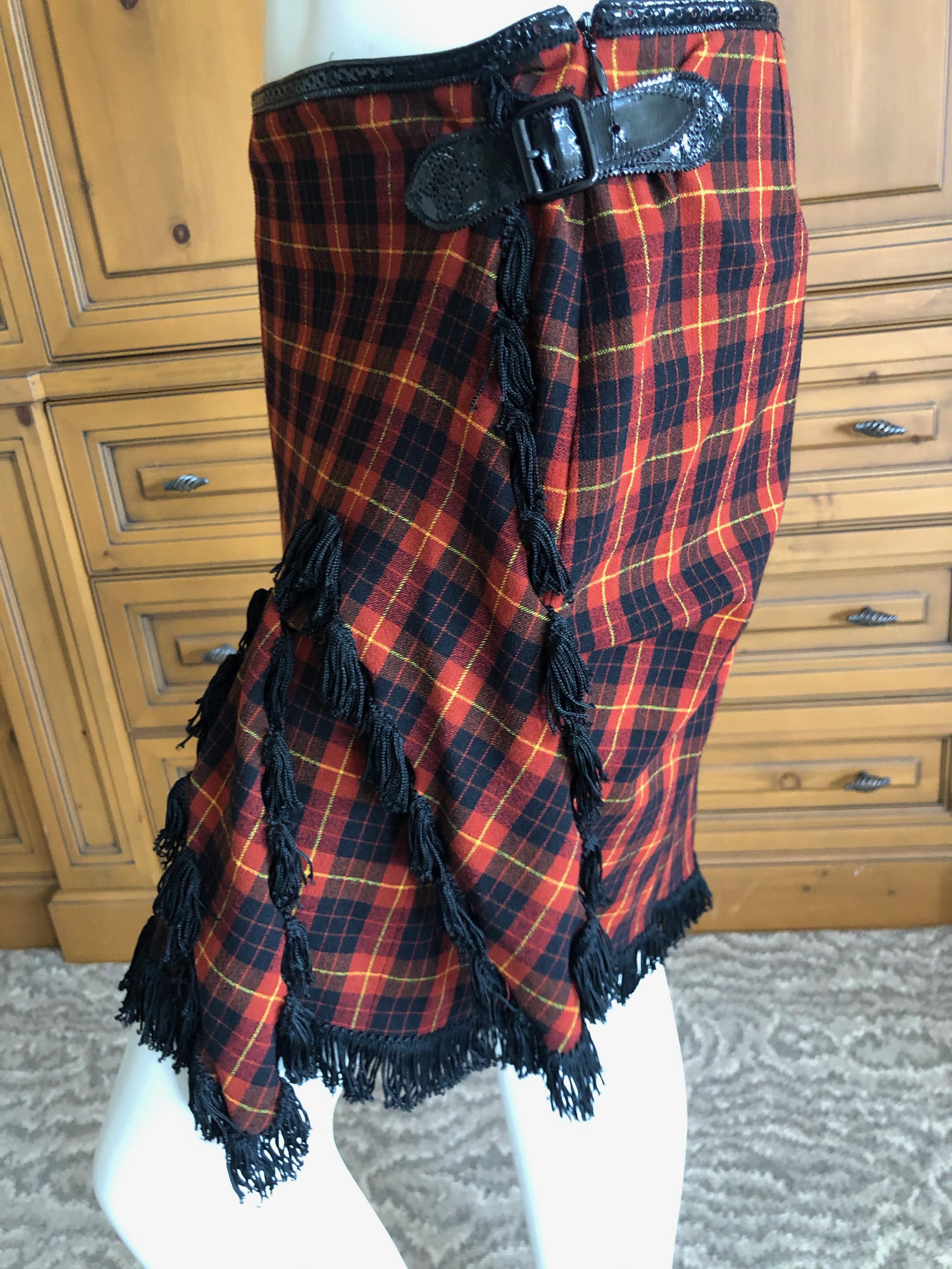 Women's Jean Paul Gaultier Femme Fringed Tartan Wrap Kilt Skirt with Patent Leather Trim For Sale