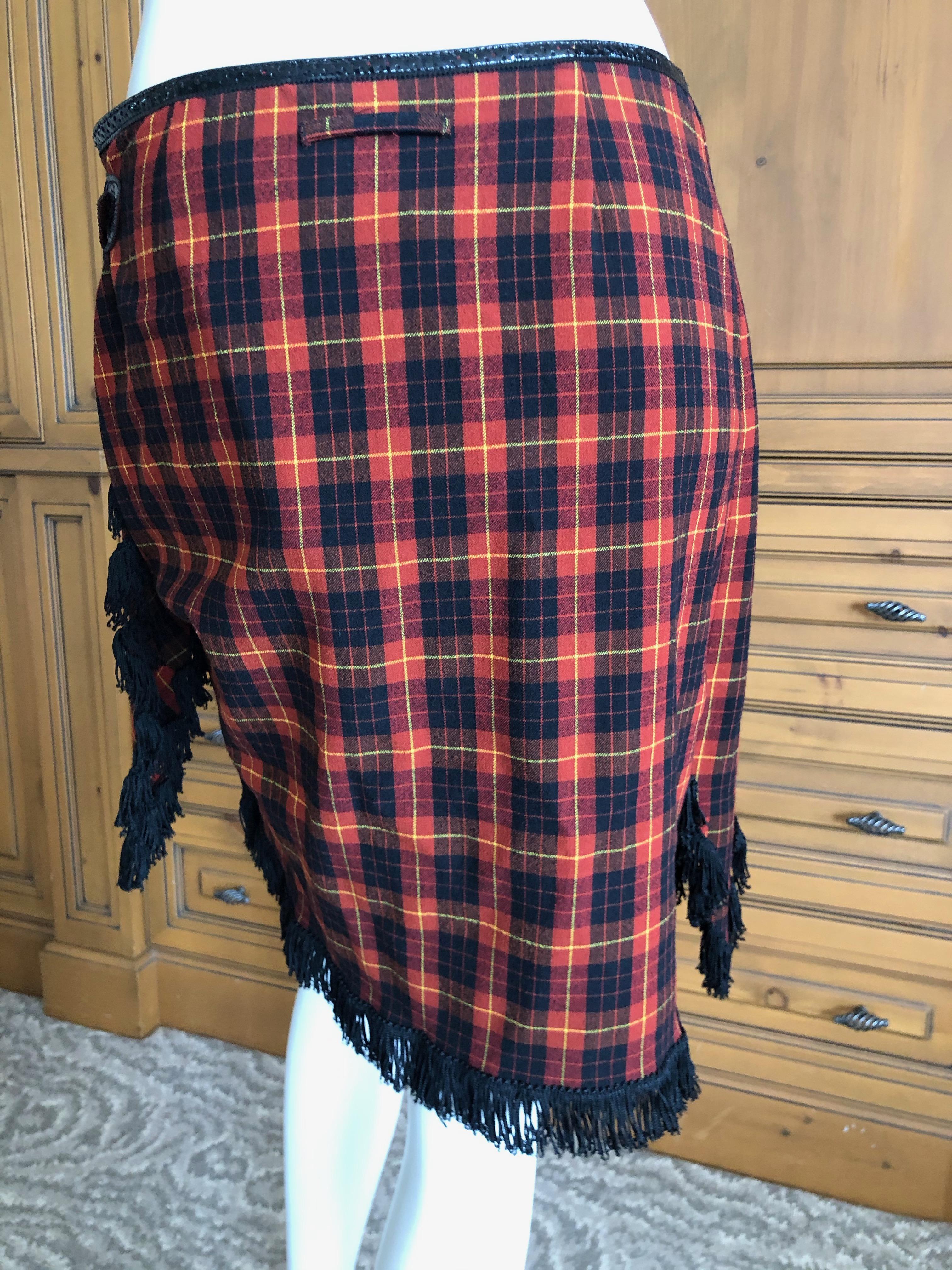 Jean Paul Gaultier Femme Fringed Tartan Wrap Kilt Skirt with Patent Leather Trim For Sale 1