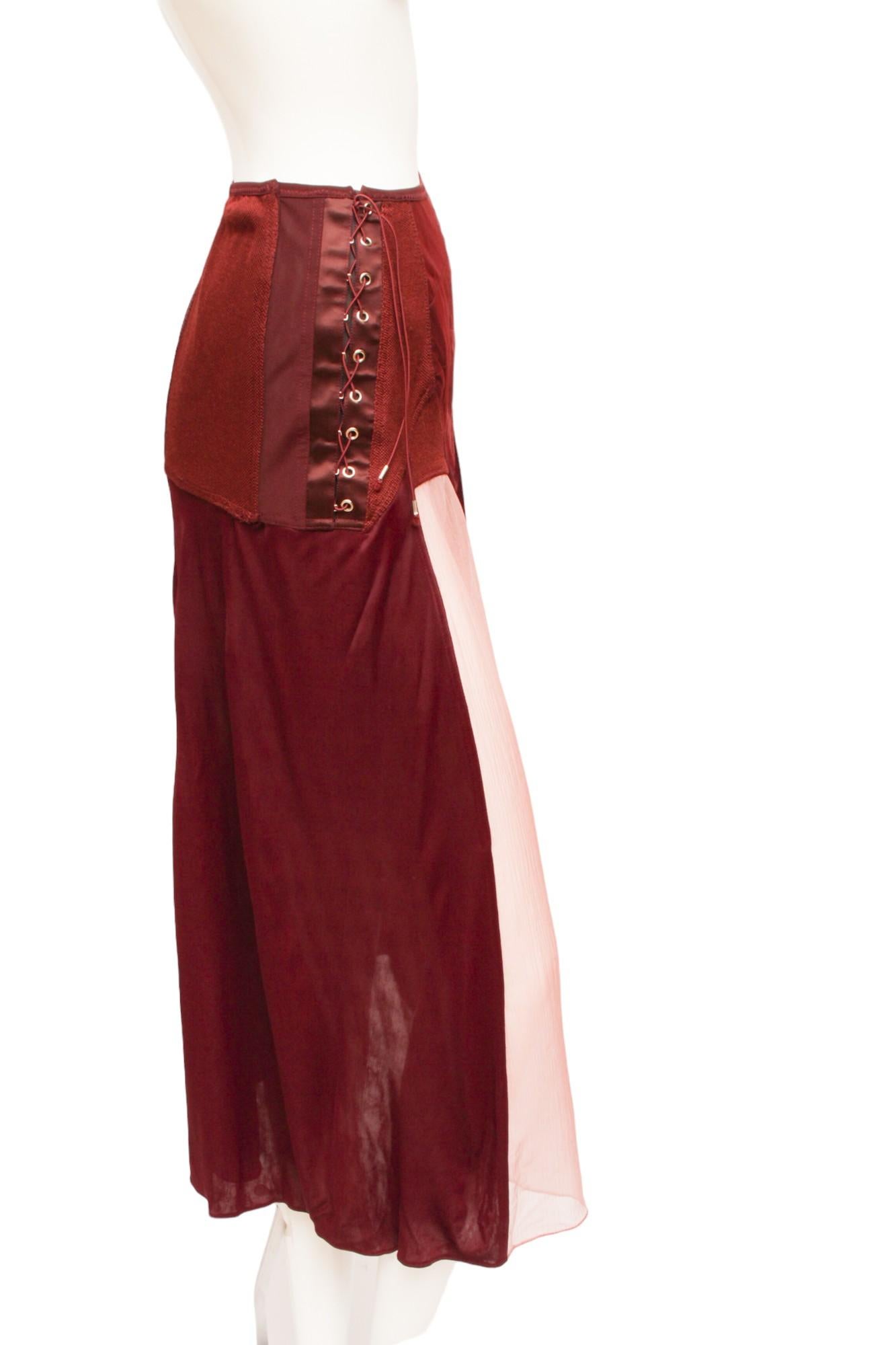 Brown Jean Paul Gaultier Femme Maroon Lace and Zip-up Silk and Rayon Paneled Skirt