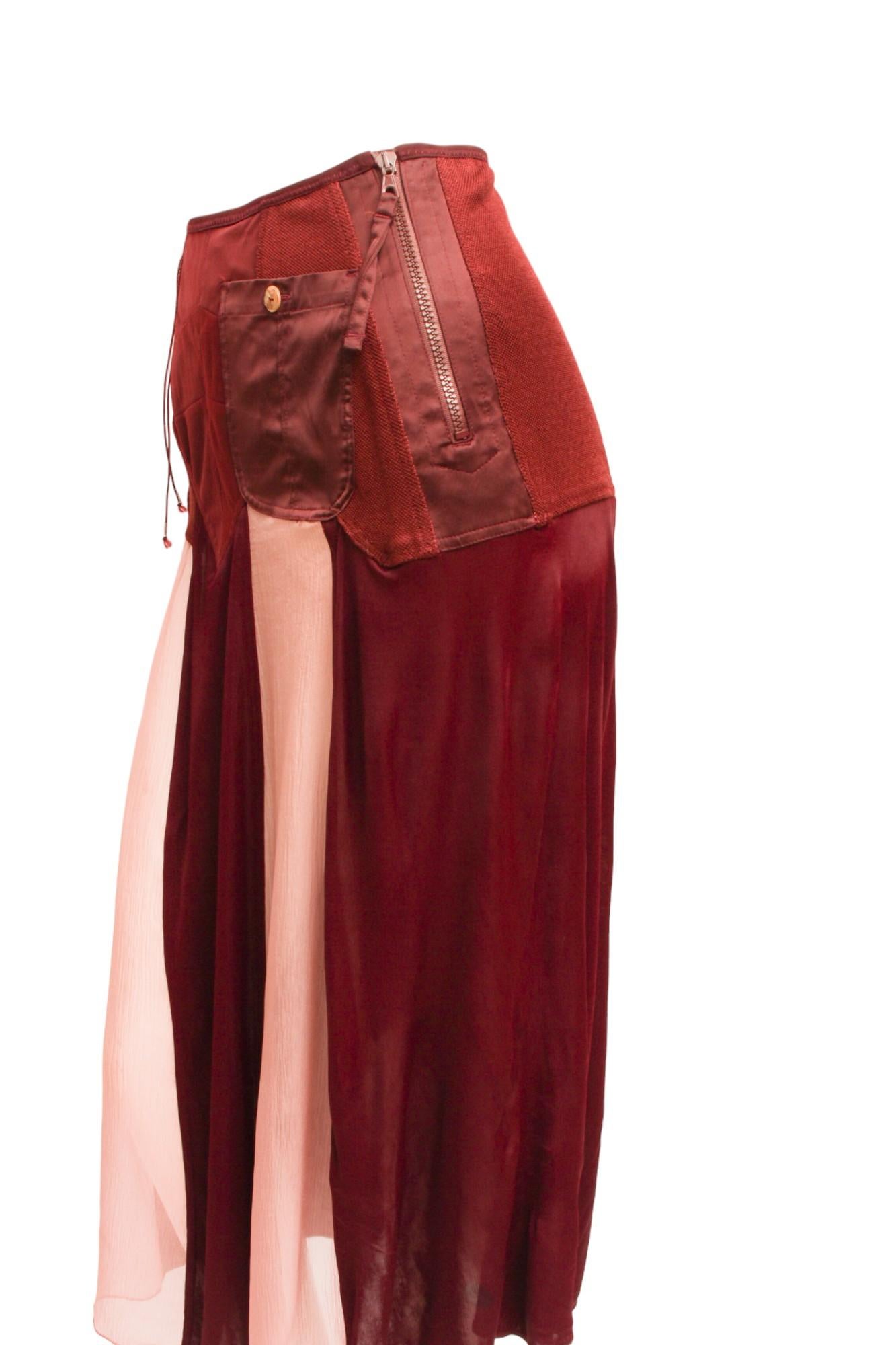 Jean Paul Gaultier Femme Maroon Lace and Zip-up Silk and Rayon Paneled Skirt In Excellent Condition In Kingston, NY