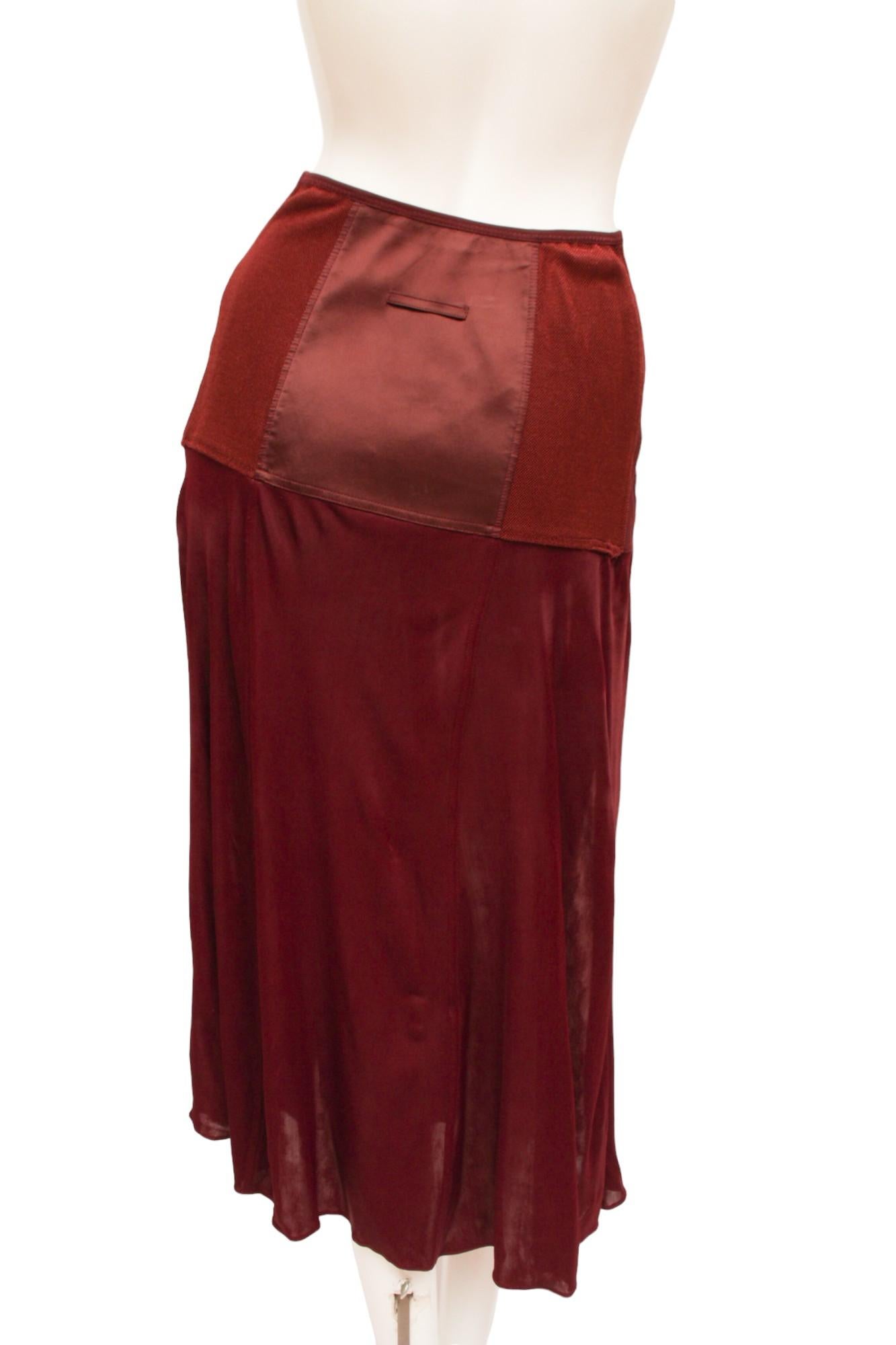 Women's Jean Paul Gaultier Femme Maroon Lace and Zip-up Silk and Rayon Paneled Skirt