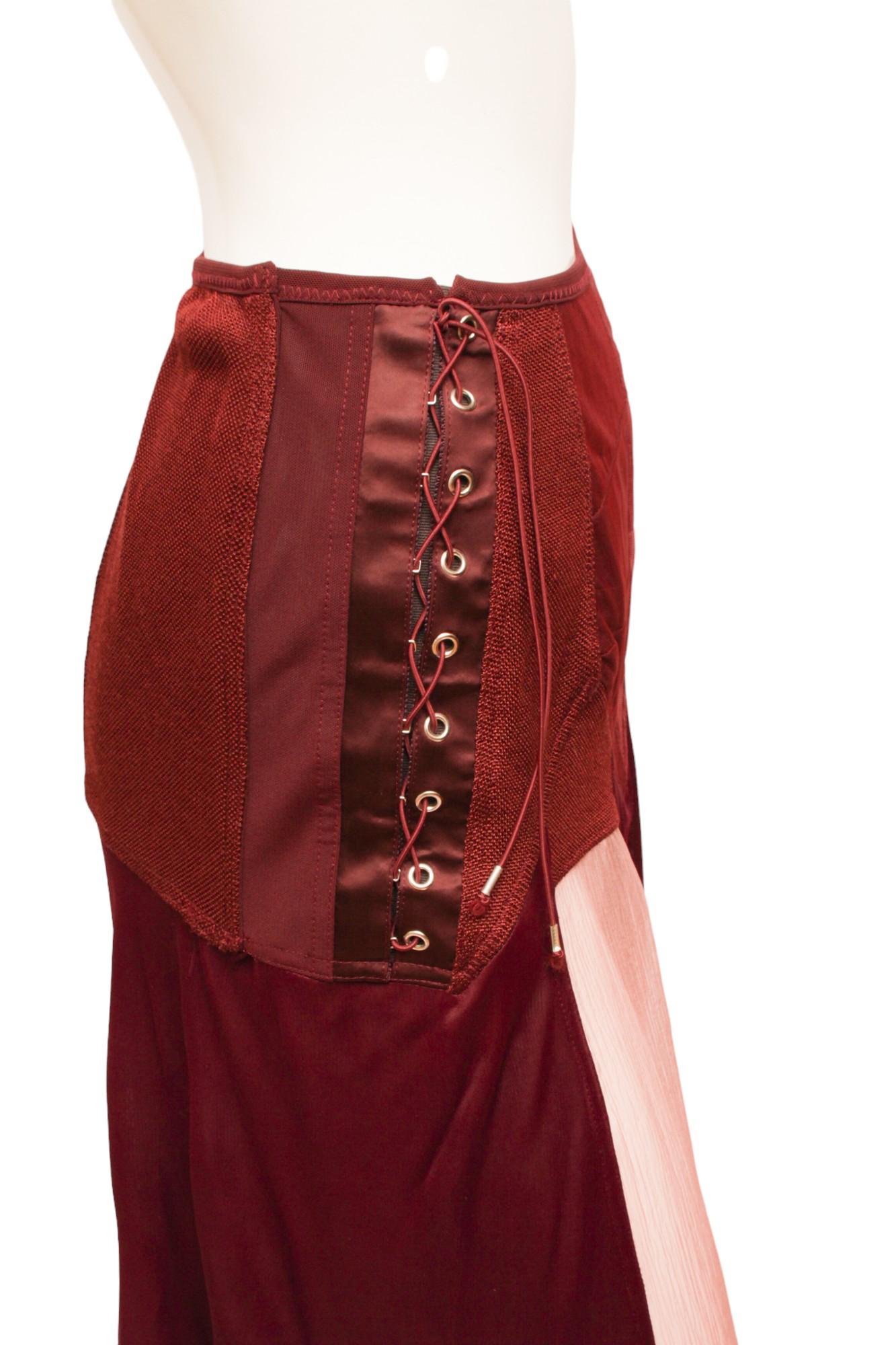 Jean Paul Gaultier Femme Maroon Lace and Zip-up Silk and Rayon Paneled Skirt 1
