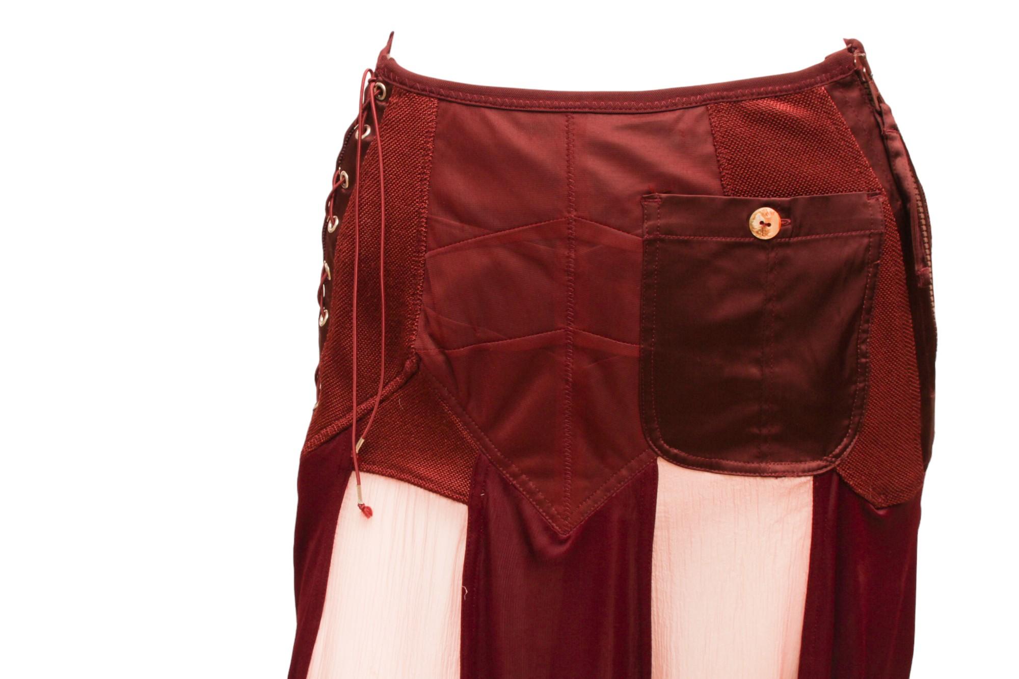 Jean Paul Gaultier Femme Maroon Lace and Zip-up Silk and Rayon Paneled Skirt 2
