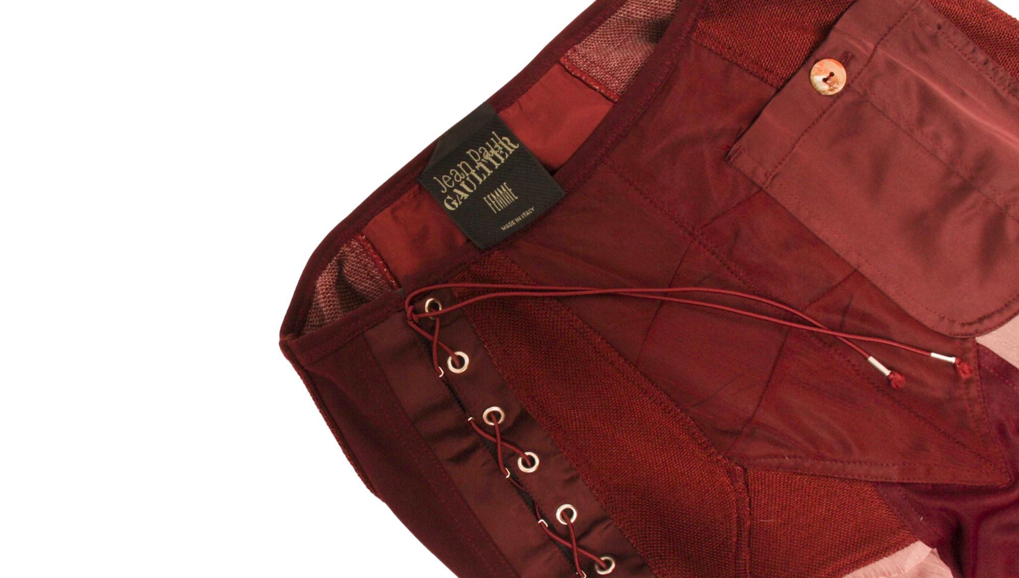 Jean Paul Gaultier Femme Maroon Lace and Zip-up Silk and Rayon Paneled Skirt 3