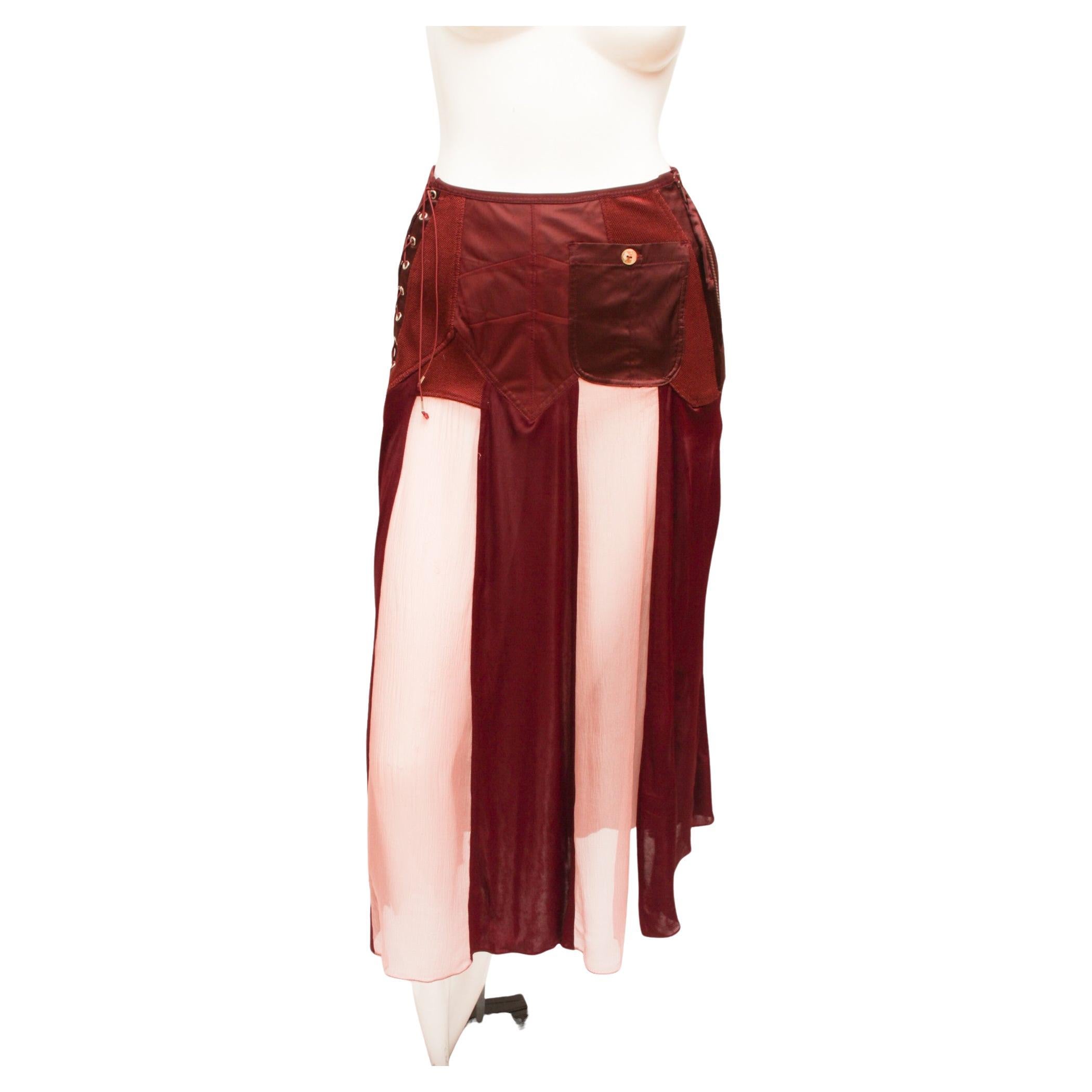 Jean Paul Gaultier Femme Maroon Lace and Zip-up Silk and Rayon Paneled Skirt