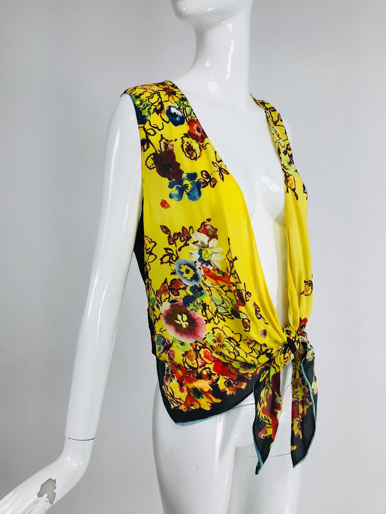 Yellow Jean Paul Gaultier Femme Tie Front Floral Vest Back Top