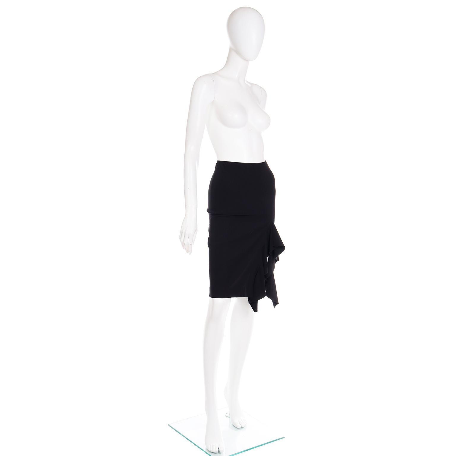 Jean Paul Gaultier Femme Vintage Black Bodycon Slim Skirt W Ruffled High Slit In Excellent Condition For Sale In Portland, OR