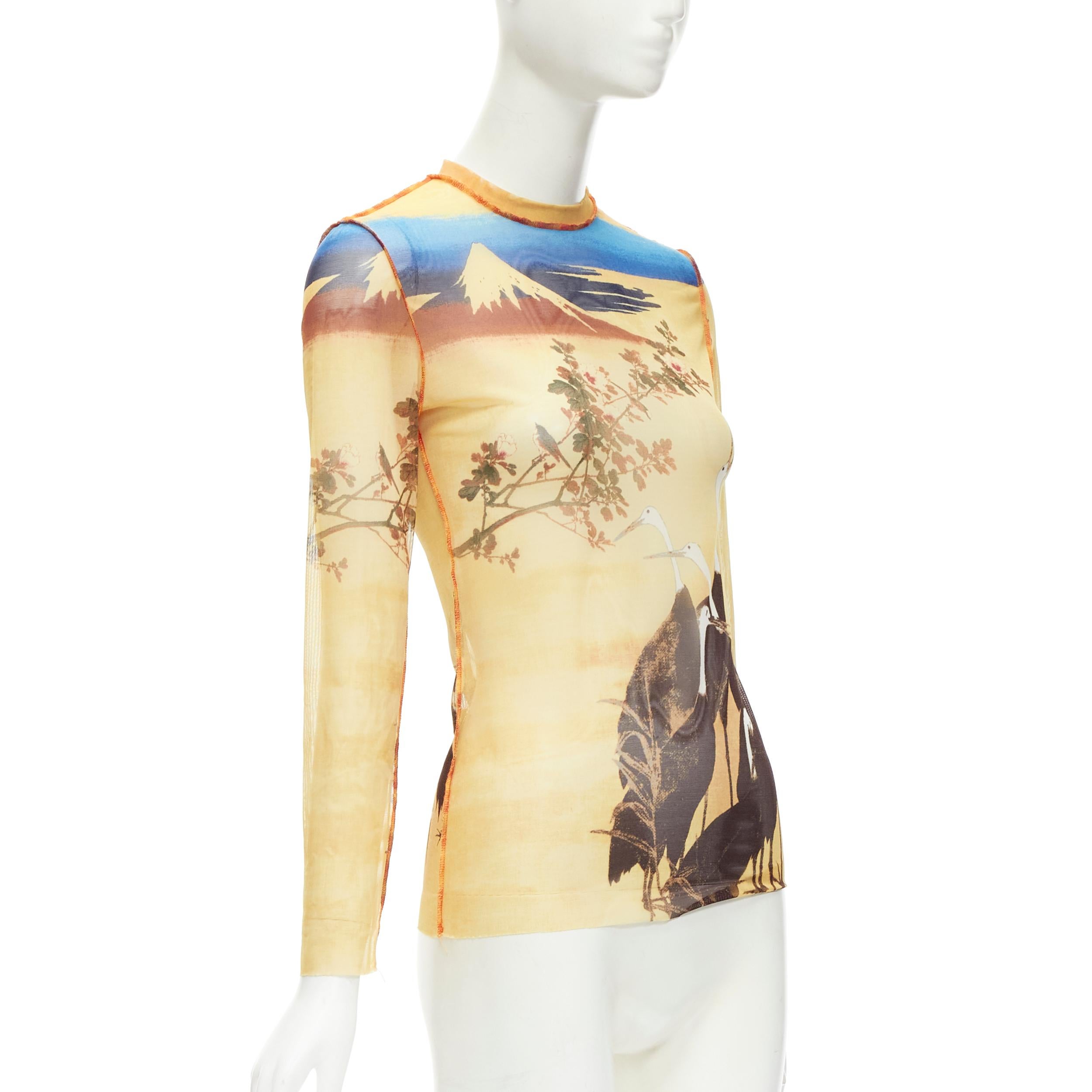 JEAN PAUL GAULTIER FEMME yellow crane mountain sheer crew mesh top IT40 S In Excellent Condition For Sale In Hong Kong, NT