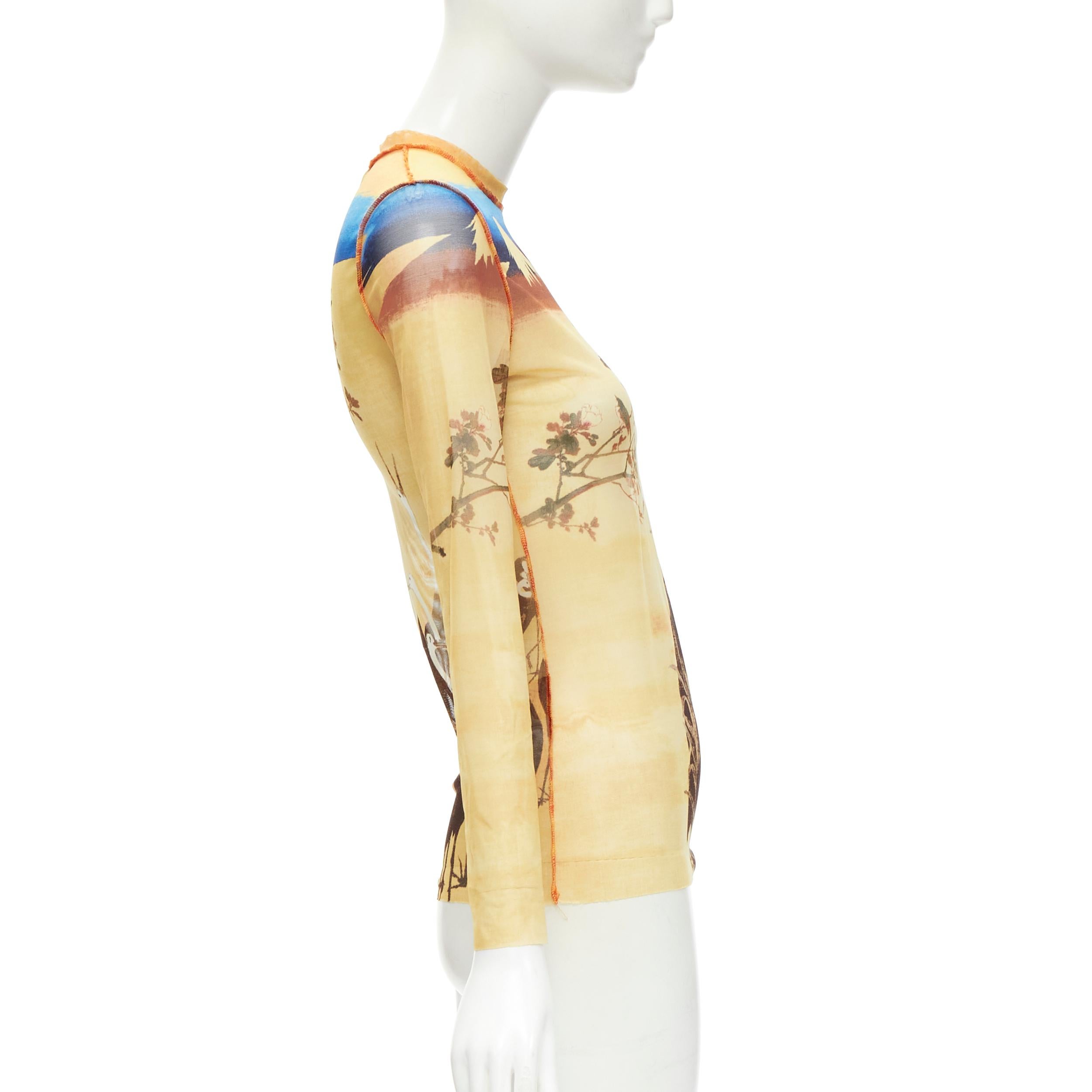 JEAN PAUL GAULTIER FEMME yellow crane mountain sheer crew mesh top IT40 S In Excellent Condition In Hong Kong, NT