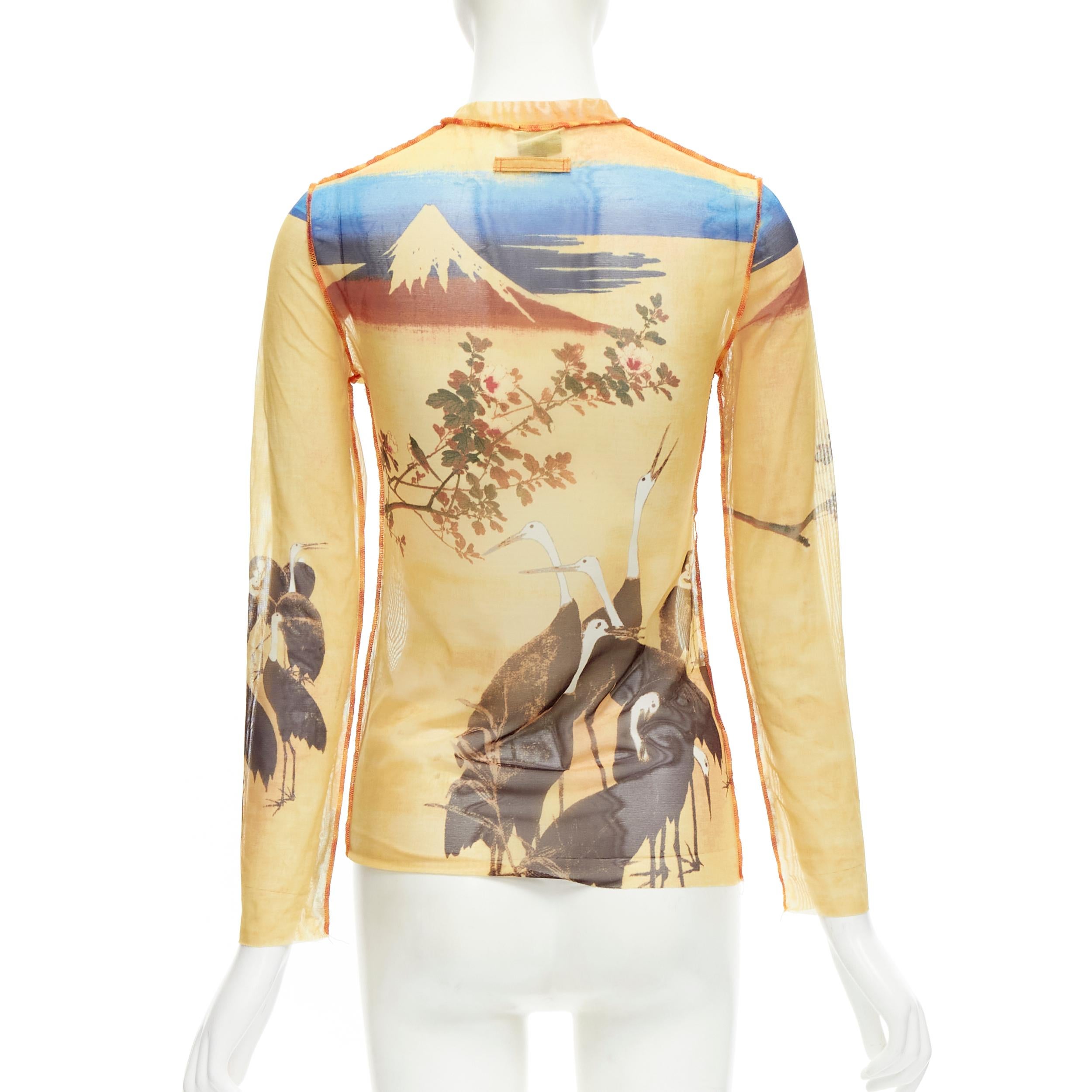 Women's JEAN PAUL GAULTIER FEMME yellow crane mountain sheer crew mesh top IT40 S
