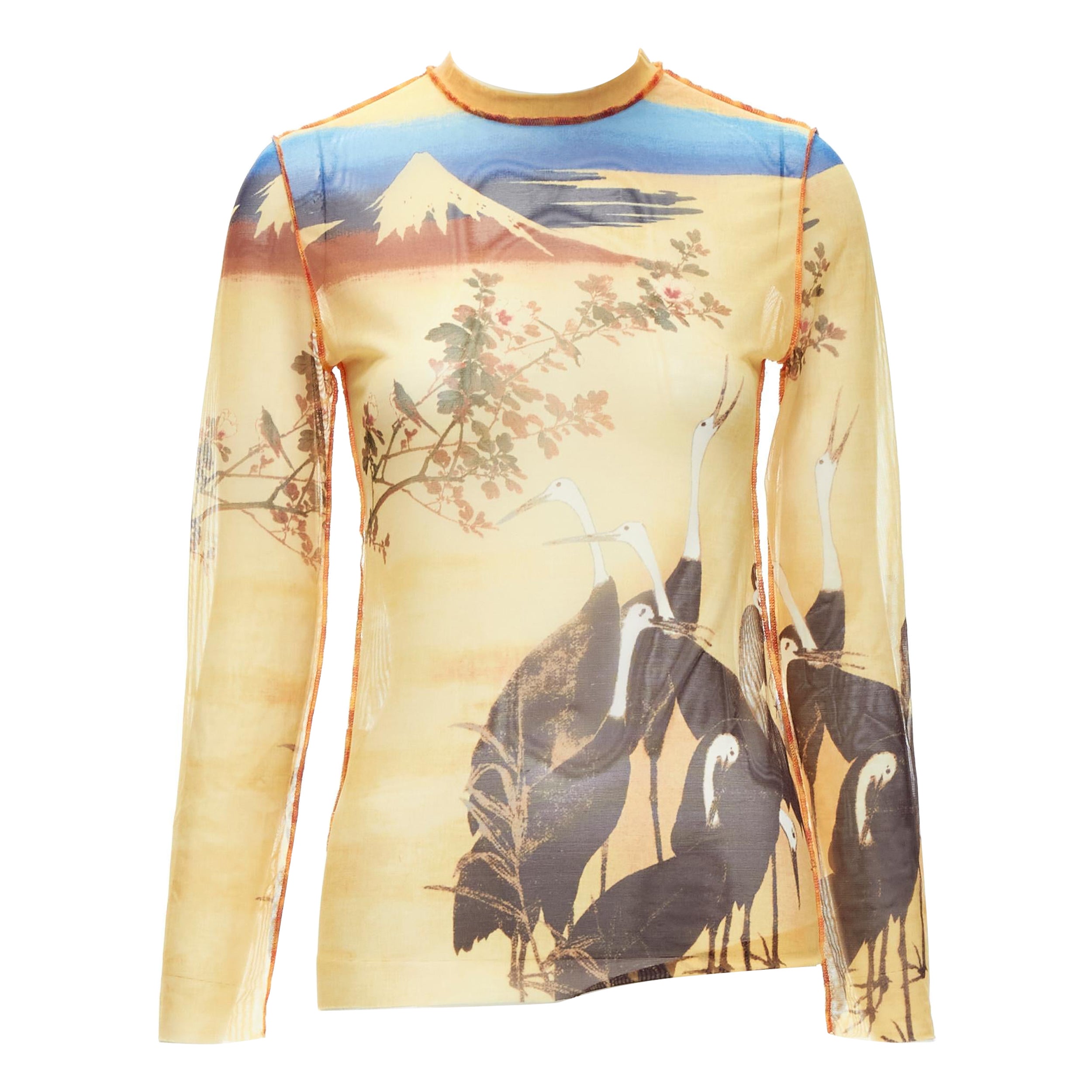 JEAN PAUL GAULTIER FEMME yellow crane mountain sheer crew mesh top IT40 S