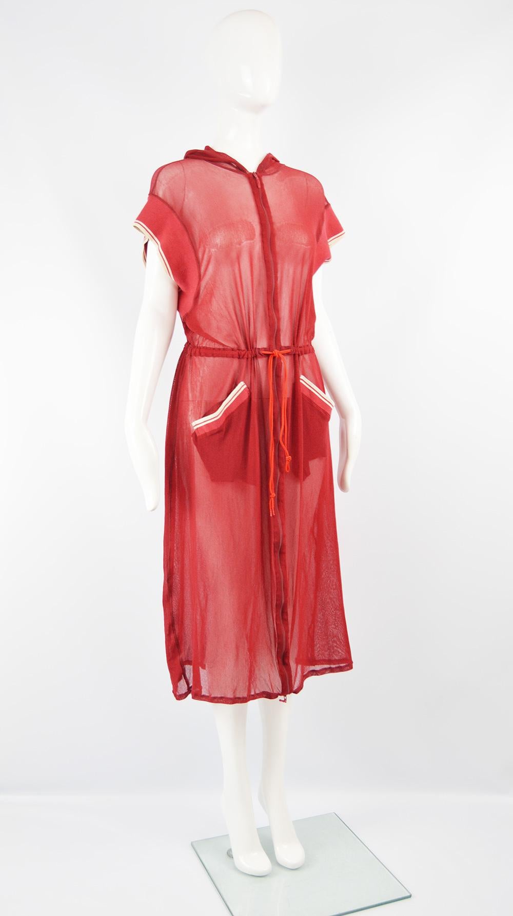 Jean Paul Gaultier Fine Sheer Red Mesh Vintage Boxer Style Dress, 1990s 1