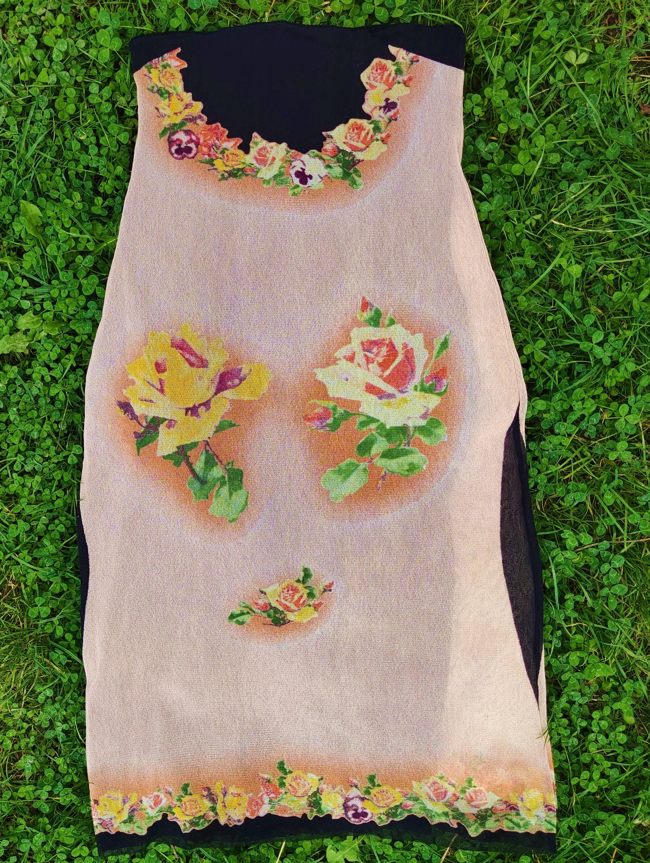 Jean Paul Gaultier Floral Flower Supreme Rose Pink Mesh Mini Top Skirt Dress For Sale 2