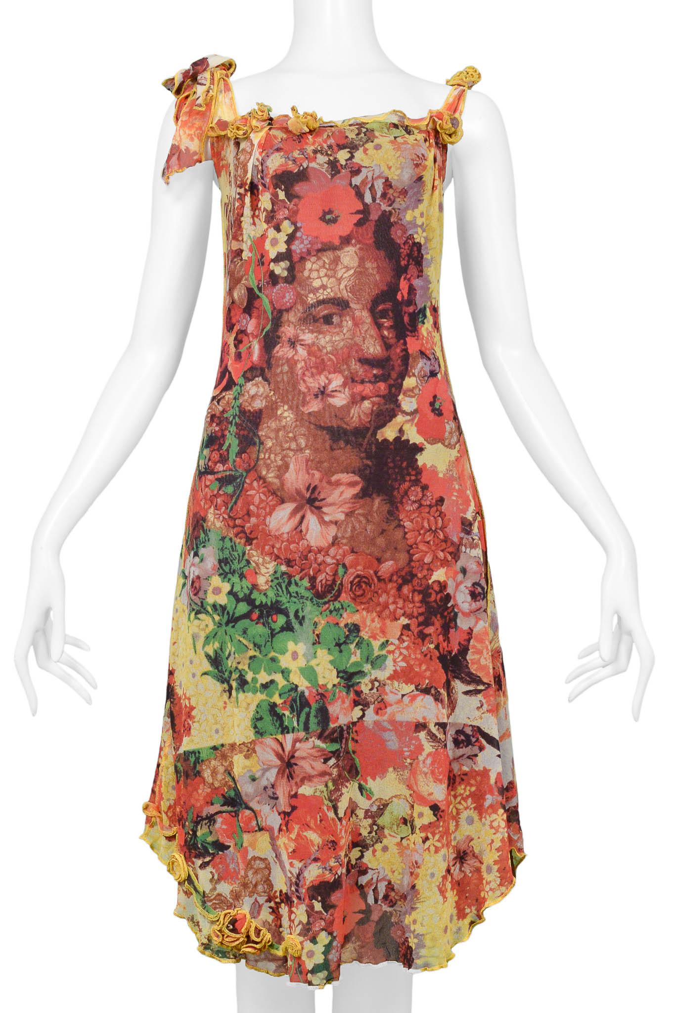 Beige Jean Paul Gaultier Floral Print Mesh Dress With Portrait For Sale