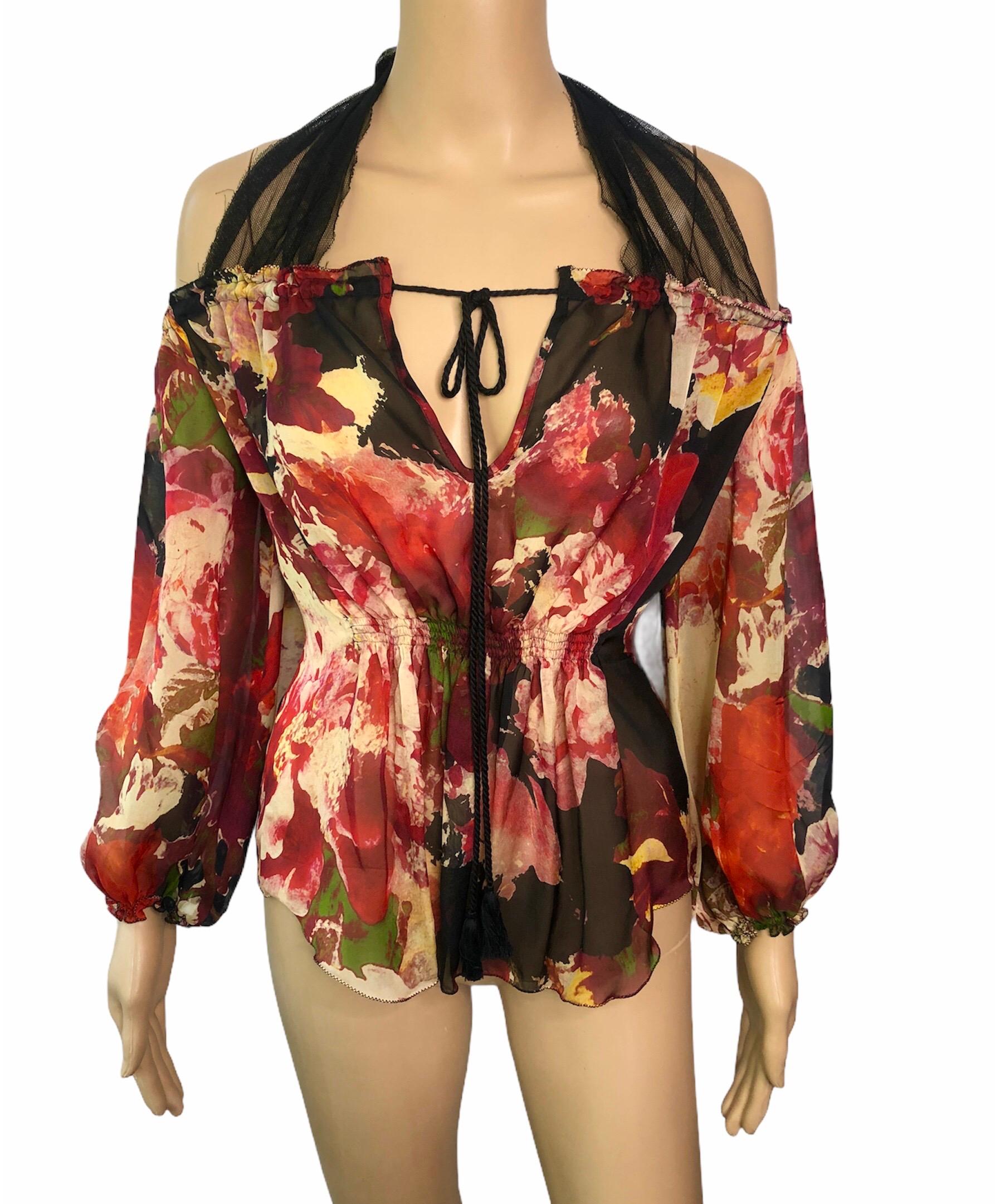 Jean Paul Gaultier Floral Print Semi-Sheer Silk Blouse Top IT 40

