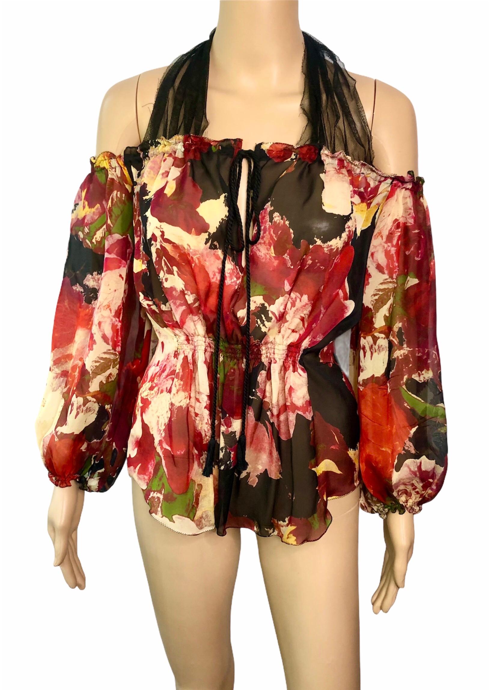 Brown Jean Paul Gaultier Floral Print Semi-Sheer Silk Blouse Top For Sale
