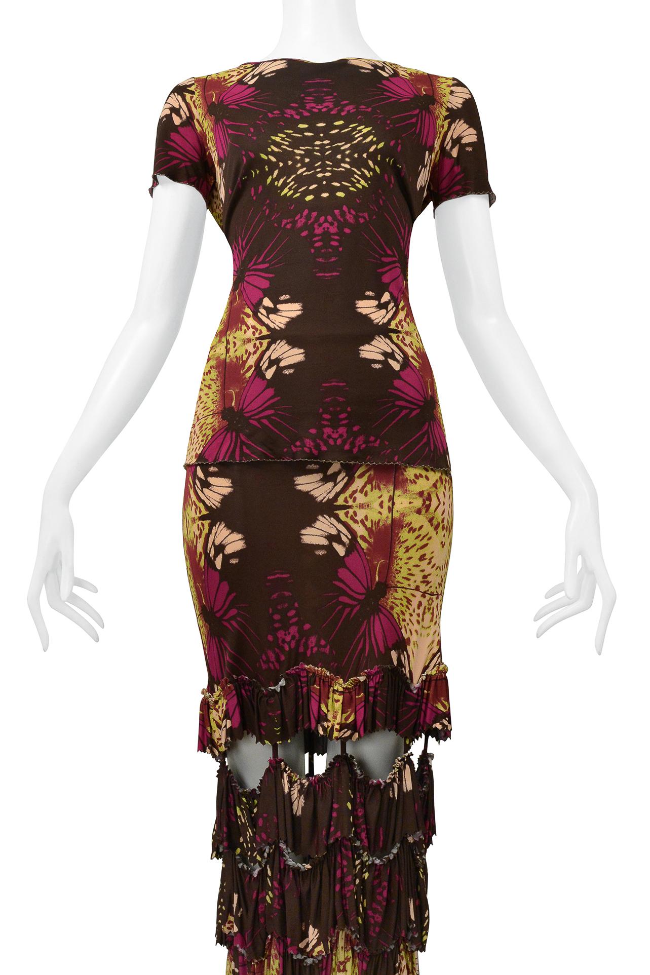 Black Jean Paul Gaultier Floral Print Top And Skirt With Ruffles & Cutouts For Sale