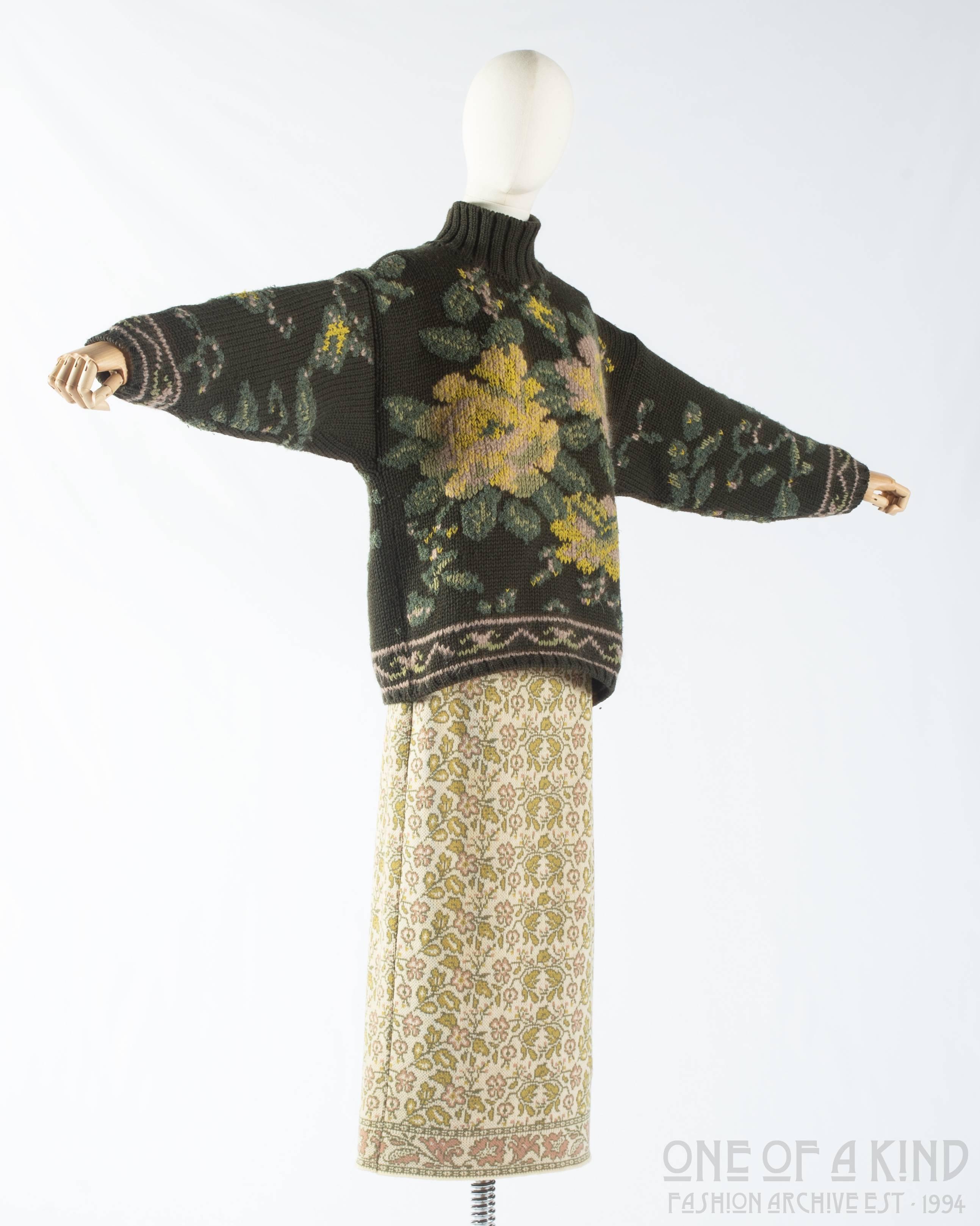 Jean Paul Gaultier floral tapestry cable-knit sweater and skirt

- oversized turtle neck sweater 
- long column skirt with elastic waist

Autumn-Winter 1984