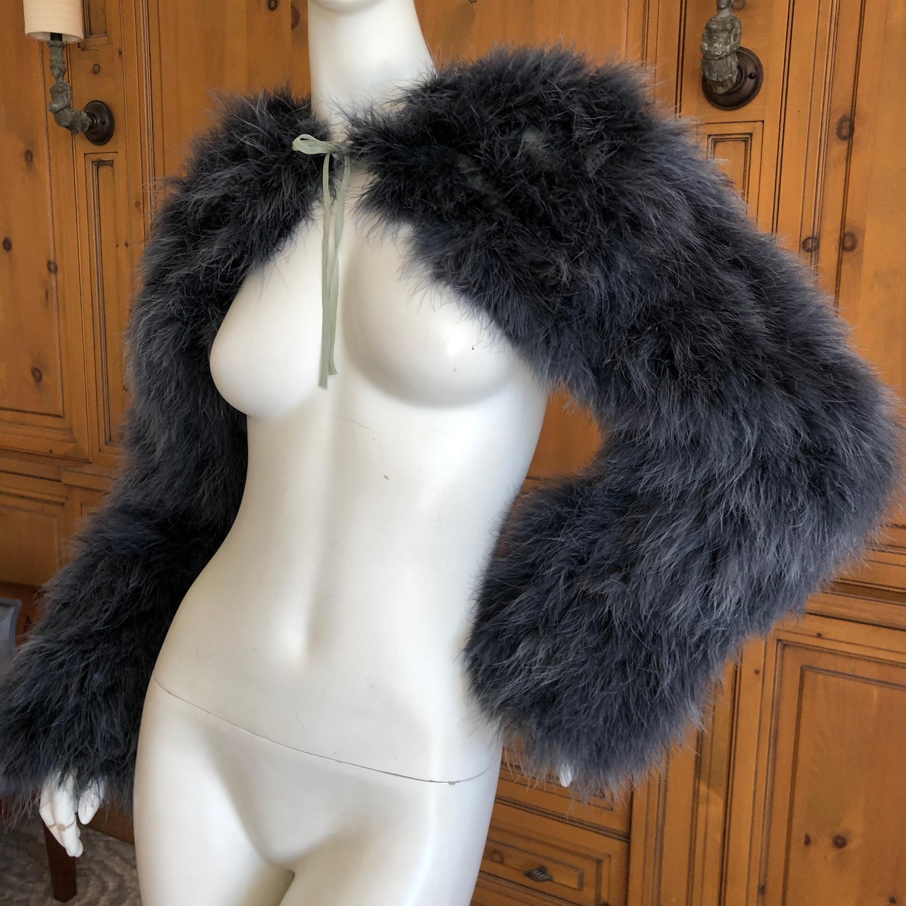 Jean Paul Gaultier Fourrure Vintage Blue Gray Feather Tie Front Bolero Shrug In Excellent Condition For Sale In Cloverdale, CA