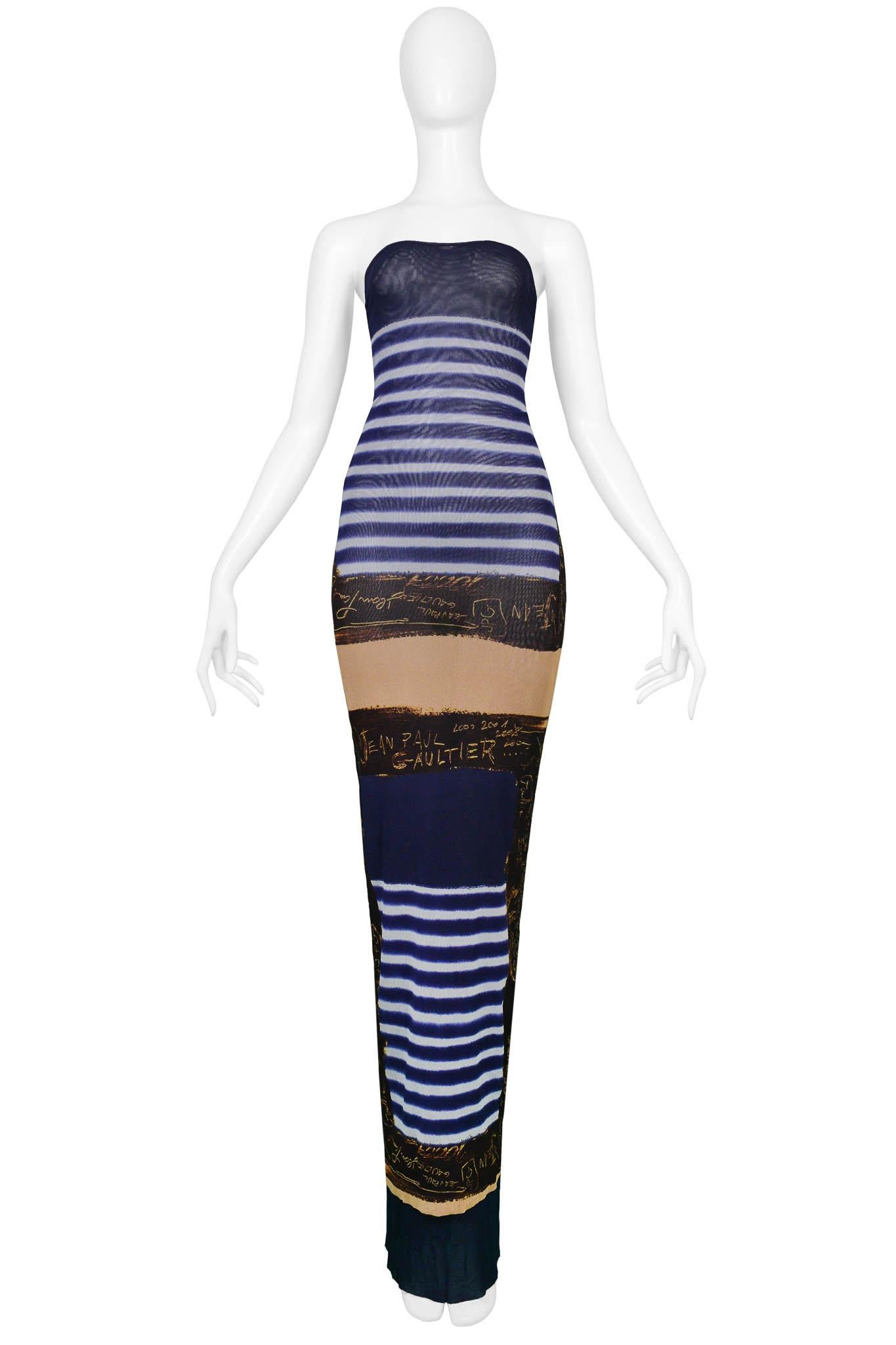 Resurrection Vintage is excited to offer a vintage Jean Paul Gaultier strapless dress featuring iconic French nautical stripes, signature print, mesh fabric, and body-con fit. From the 2001 collection. 

Jean Paul Gaultier
Size M
Nylon 
Collection