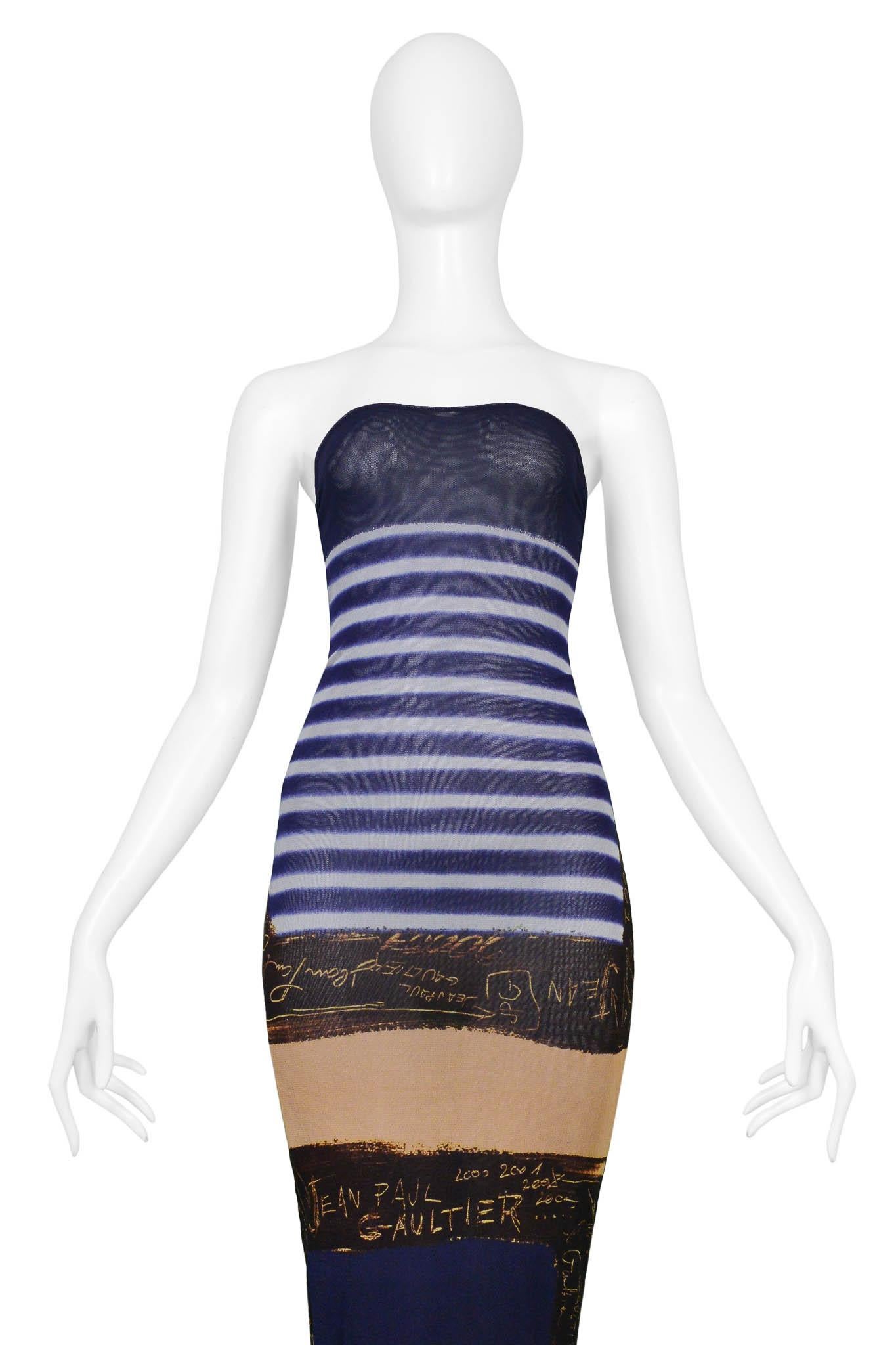 Jean Paul Gaultier French Nautical Striped Mesh Dress With Signature Print 2001 In Excellent Condition In Los Angeles, CA
