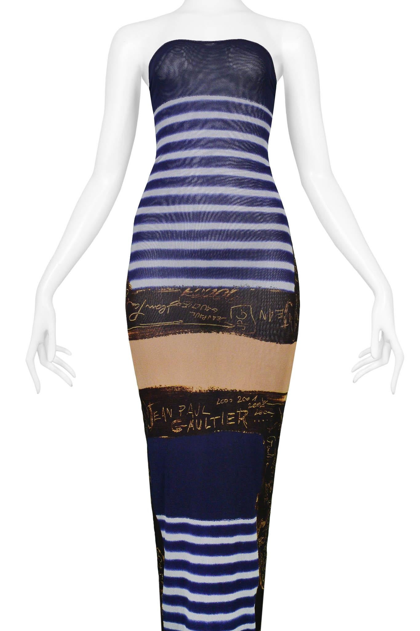 Women's Jean Paul Gaultier French Nautical Striped Mesh Dress With Signature Print 2001