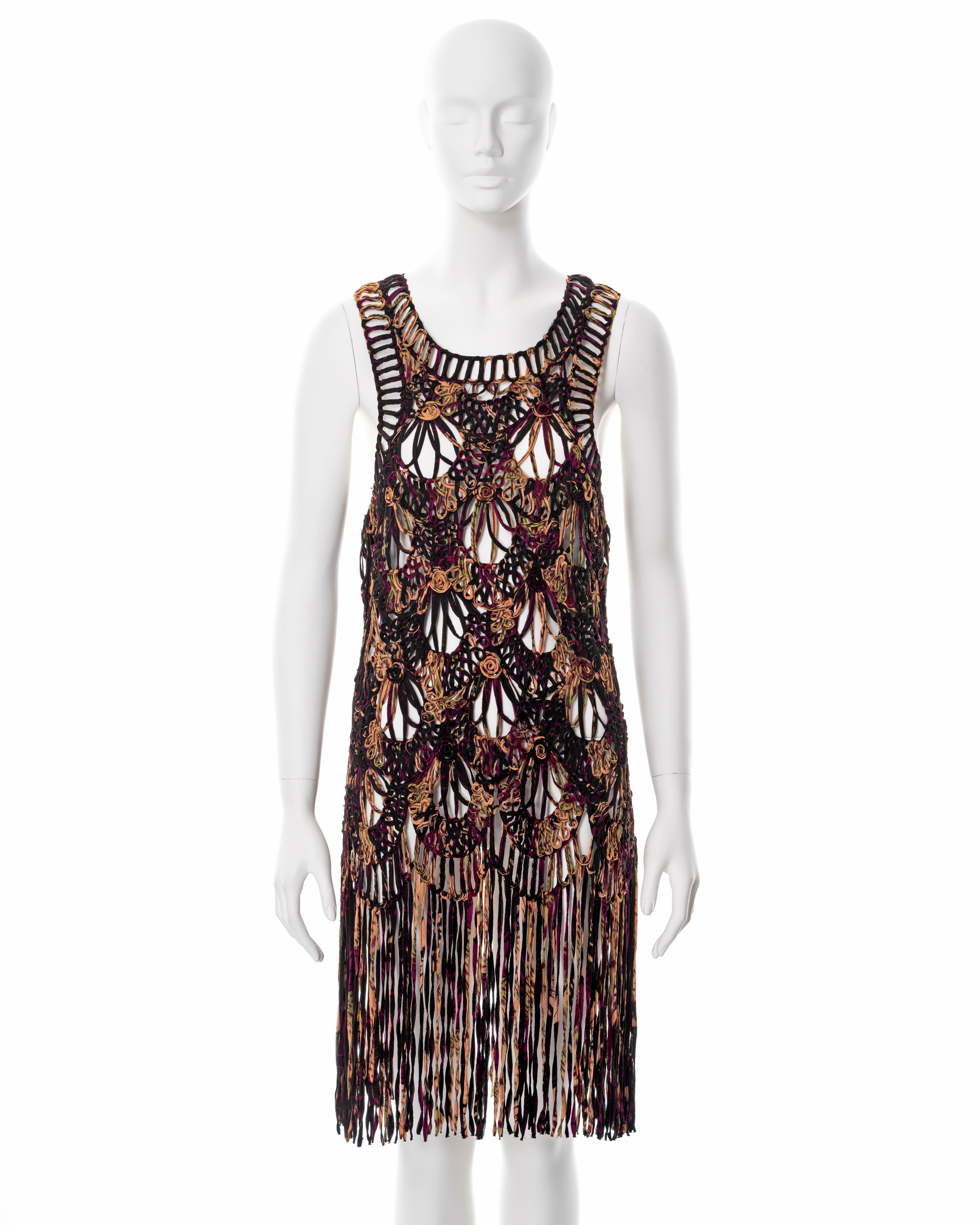 ▪ Jean Paul Gaultier silk macramé dress
▪ Sold by One of a Kind Archive
▪ Spring-Summer 2000
▪ Constructed from multicoloured printed silk ribbons 
▪ Fringed knee-length skirt 
▪ Loose fit
▪ Size Medium 
▪ Made in Italy

All photographs in this