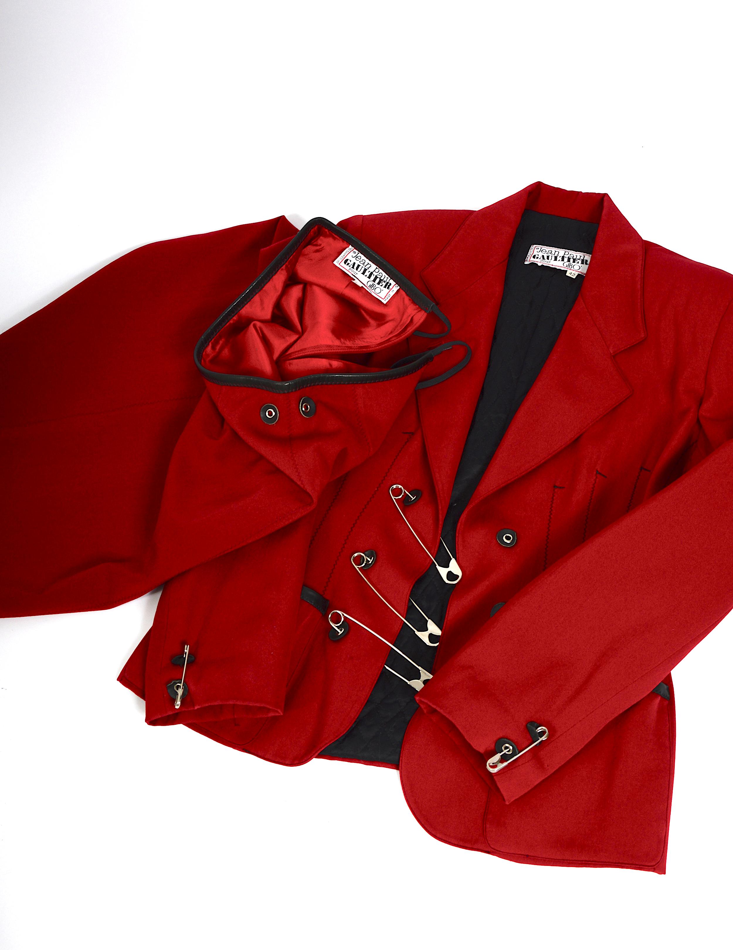 Jean Paul Gaultier Gibo 1980s Vintage Red Wool Safety Pin Jacket & Skirt Suit For Sale 7