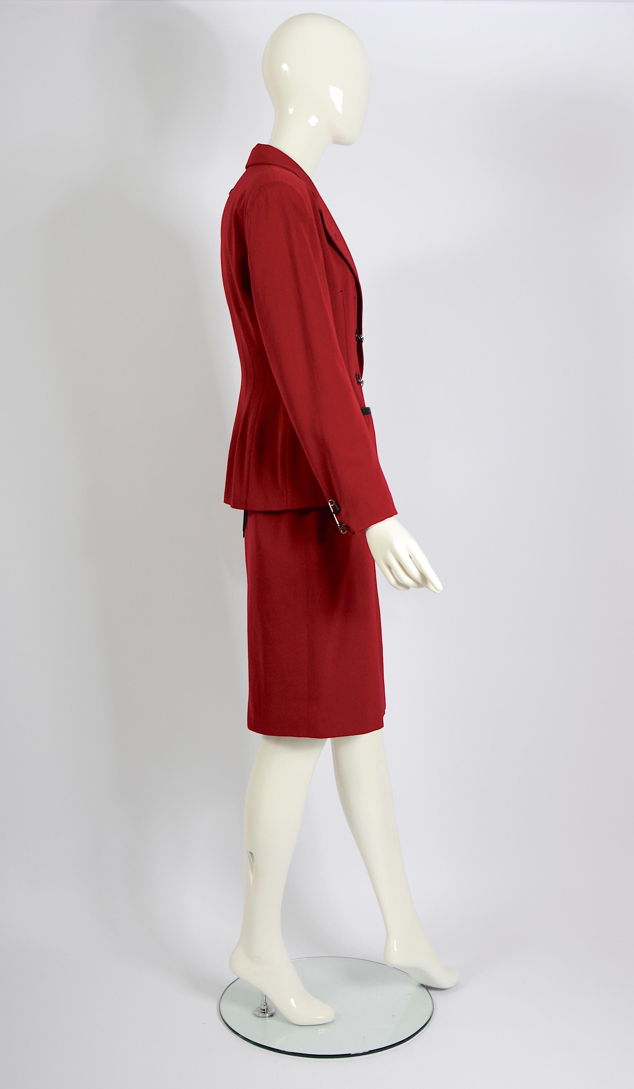 Women's Jean Paul Gaultier Gibo 1980s Vintage Red Wool Safety Pin Jacket & Skirt Suit For Sale