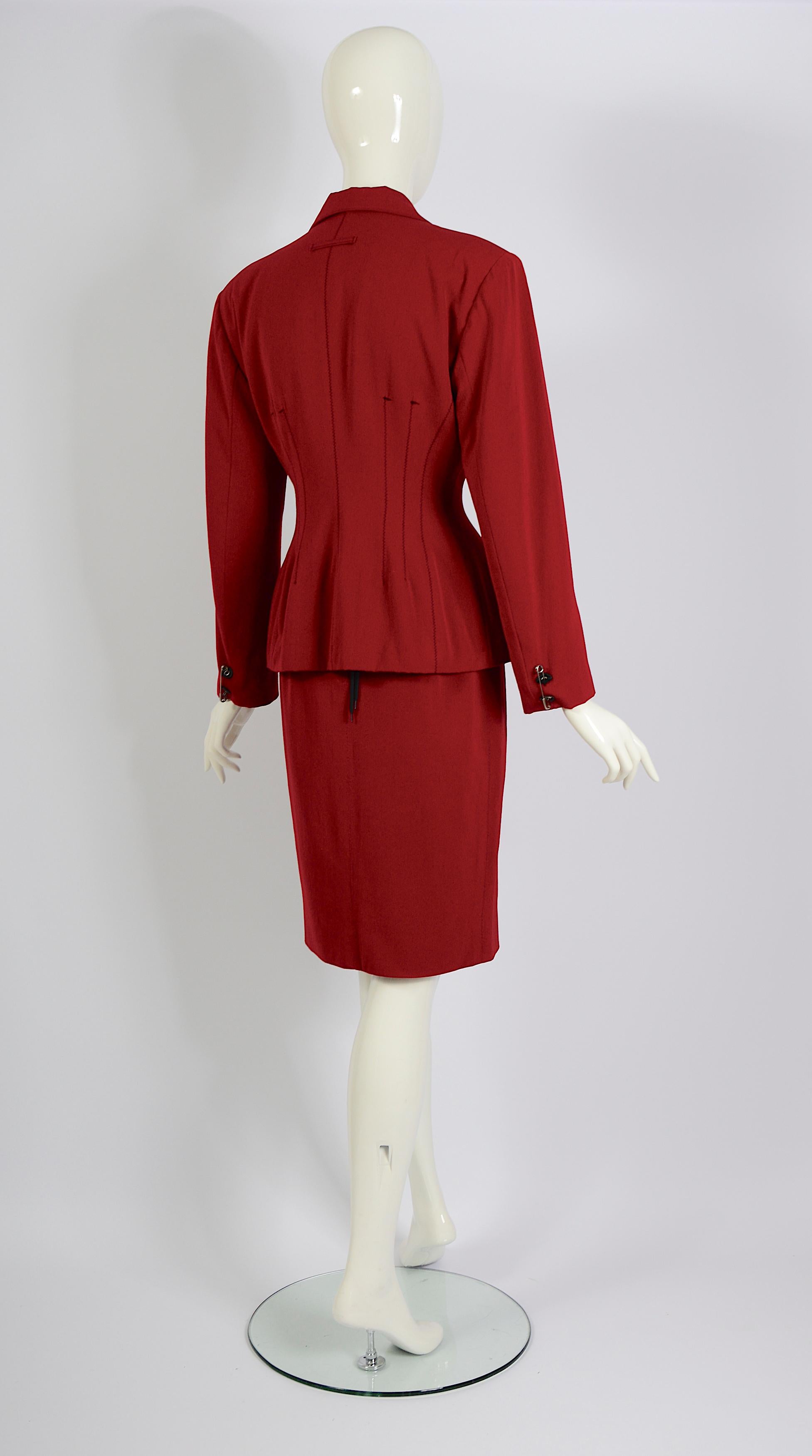 Jean Paul Gaultier Gibo 1980s Vintage Red Wool Safety Pin Jacket & Skirt Suit For Sale 1