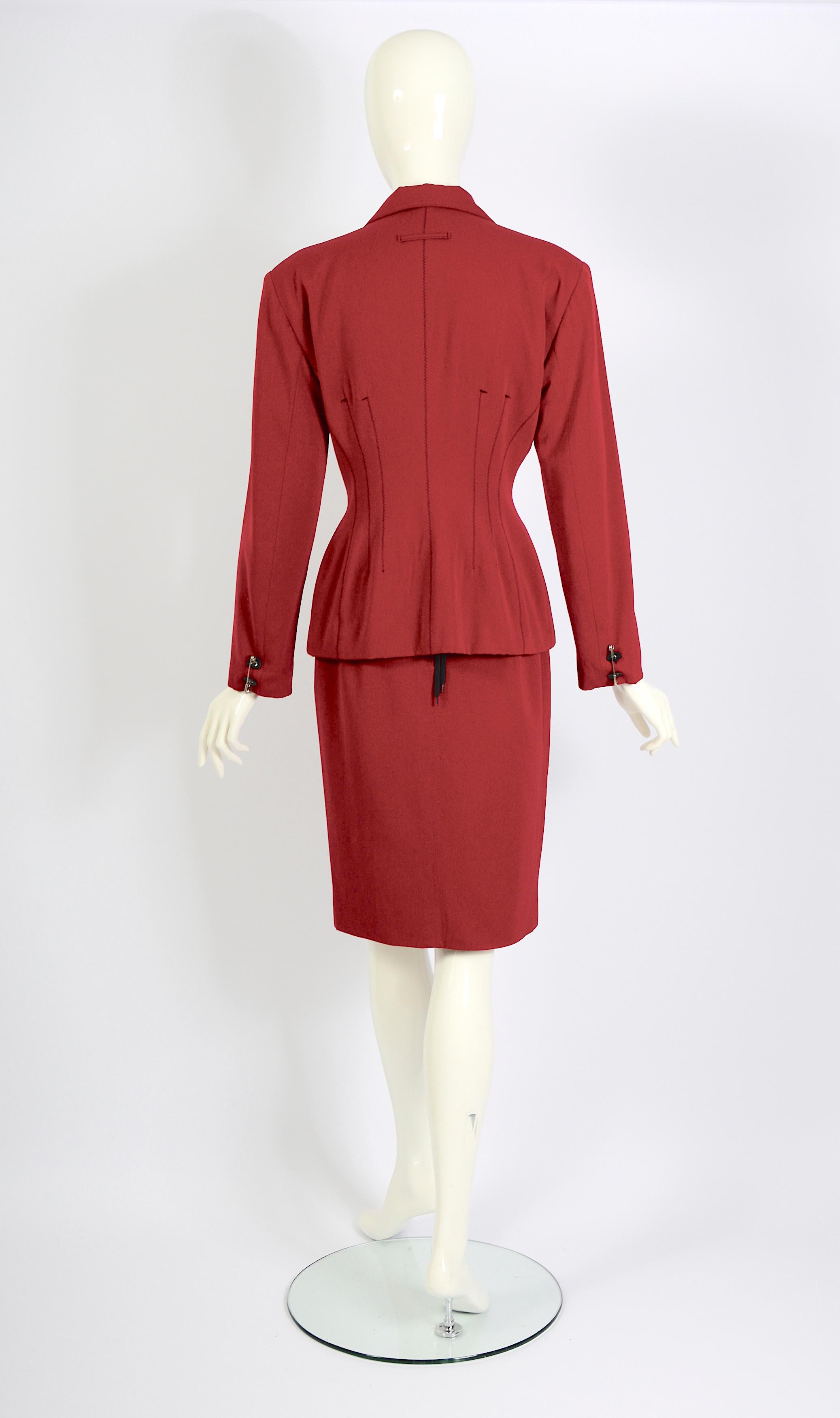 Jean Paul Gaultier Gibo 1980s Vintage Red Wool Safety Pin Jacket & Skirt Suit For Sale 2