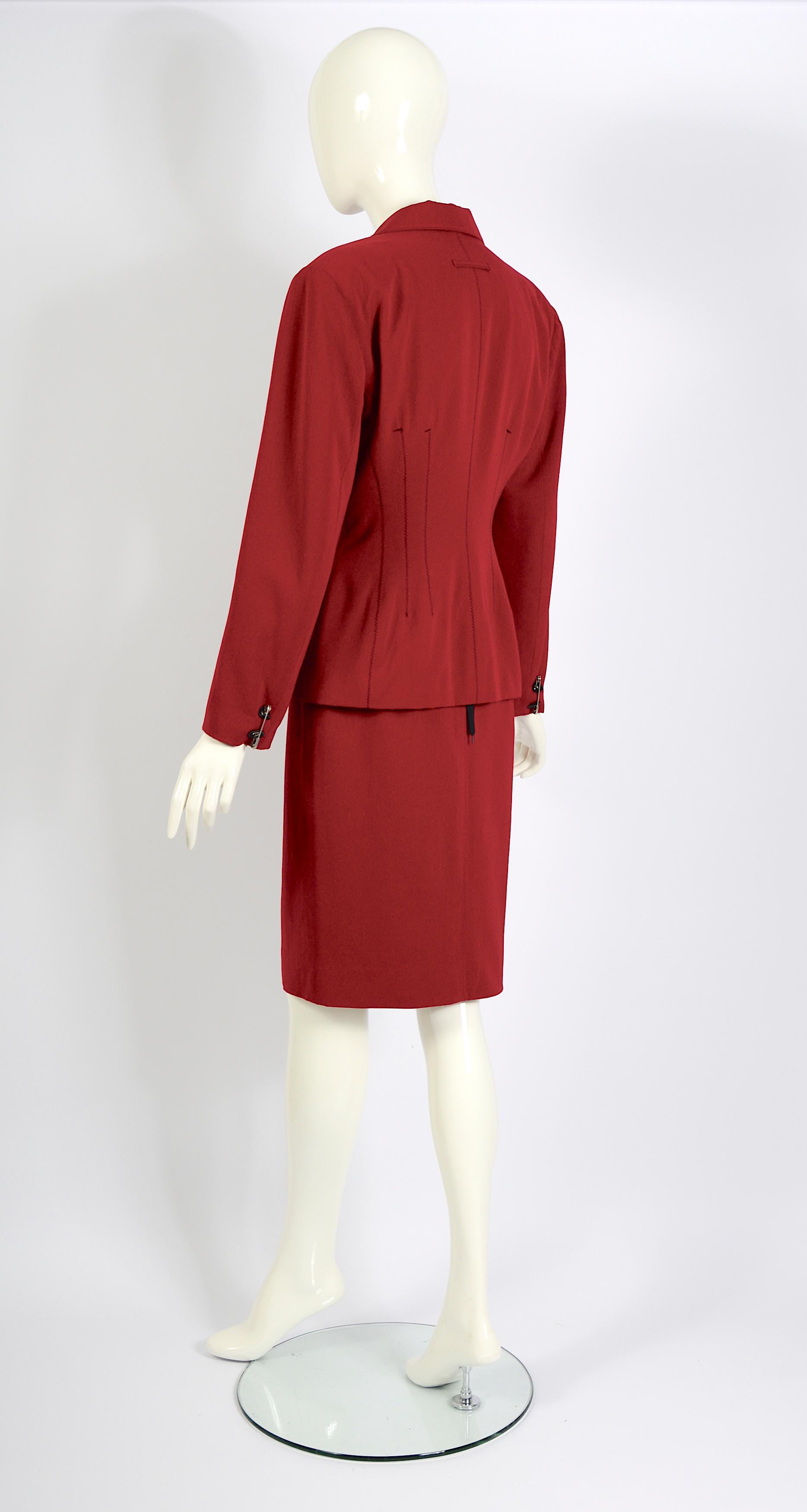 Jean Paul Gaultier Gibo 1980s Vintage Red Wool Safety Pin Jacket & Skirt Suit For Sale 3