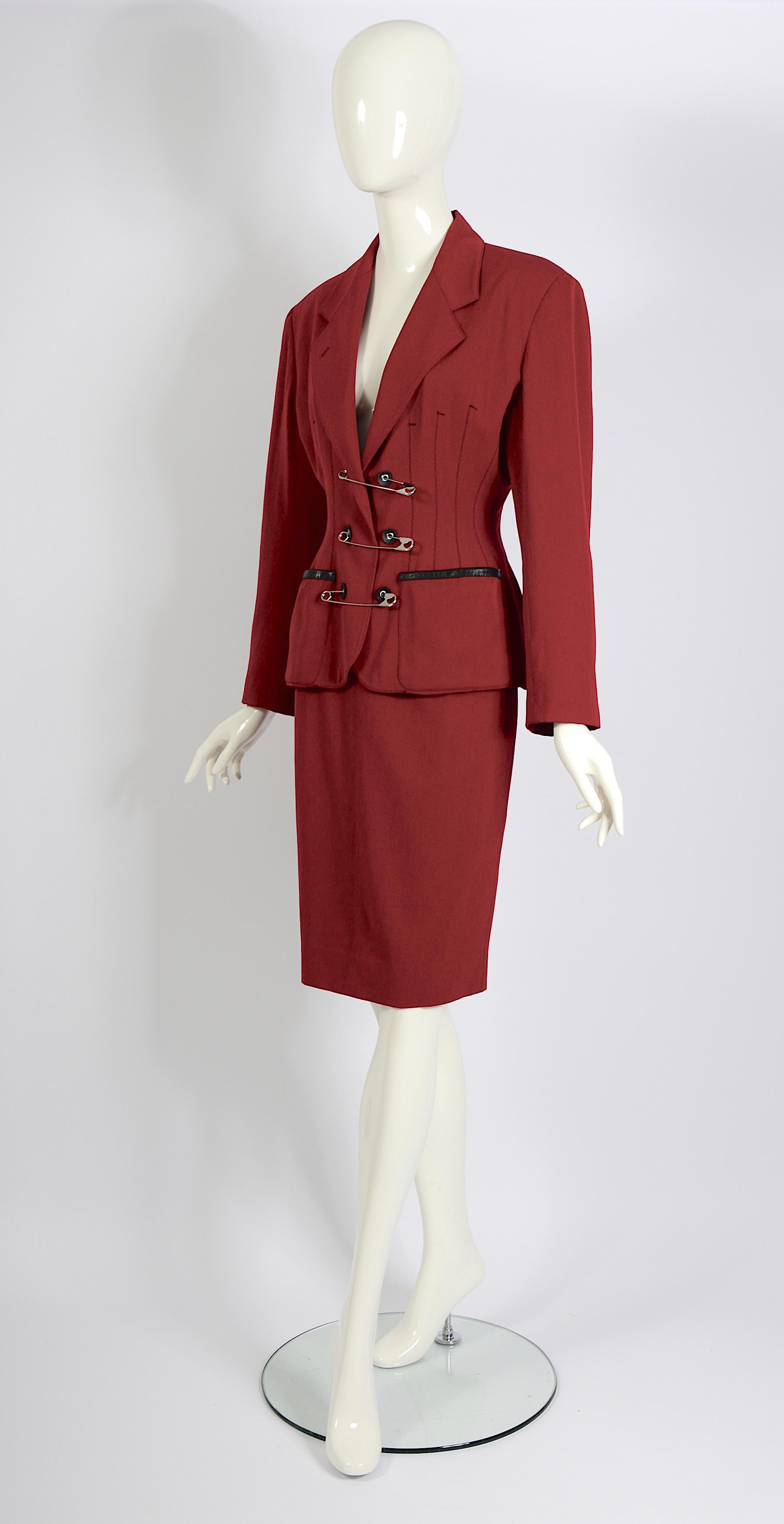 Jean Paul Gaultier Gibo 1980s Vintage Red Wool Safety Pin Jacket & Skirt Suit For Sale 4