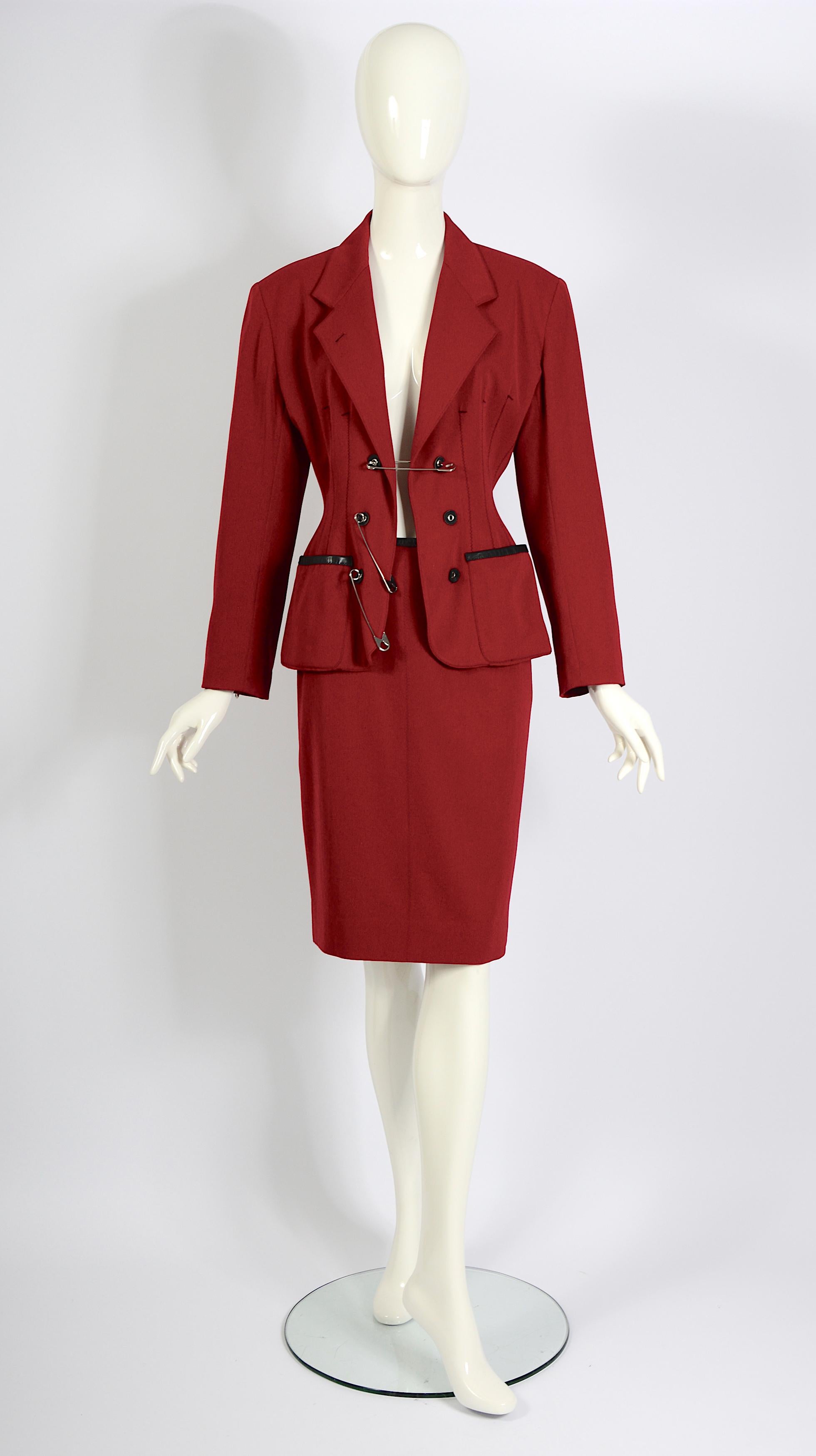 Jean Paul Gaultier Gibo 1980s Vintage Red Wool Safety Pin Jacket & Skirt Suit For Sale 5
