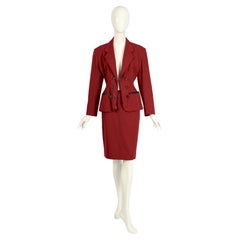 Jean Paul Gaultier Gibo Años 80 Traje de chaqueta y falda con imperdibles de lana roja vintage