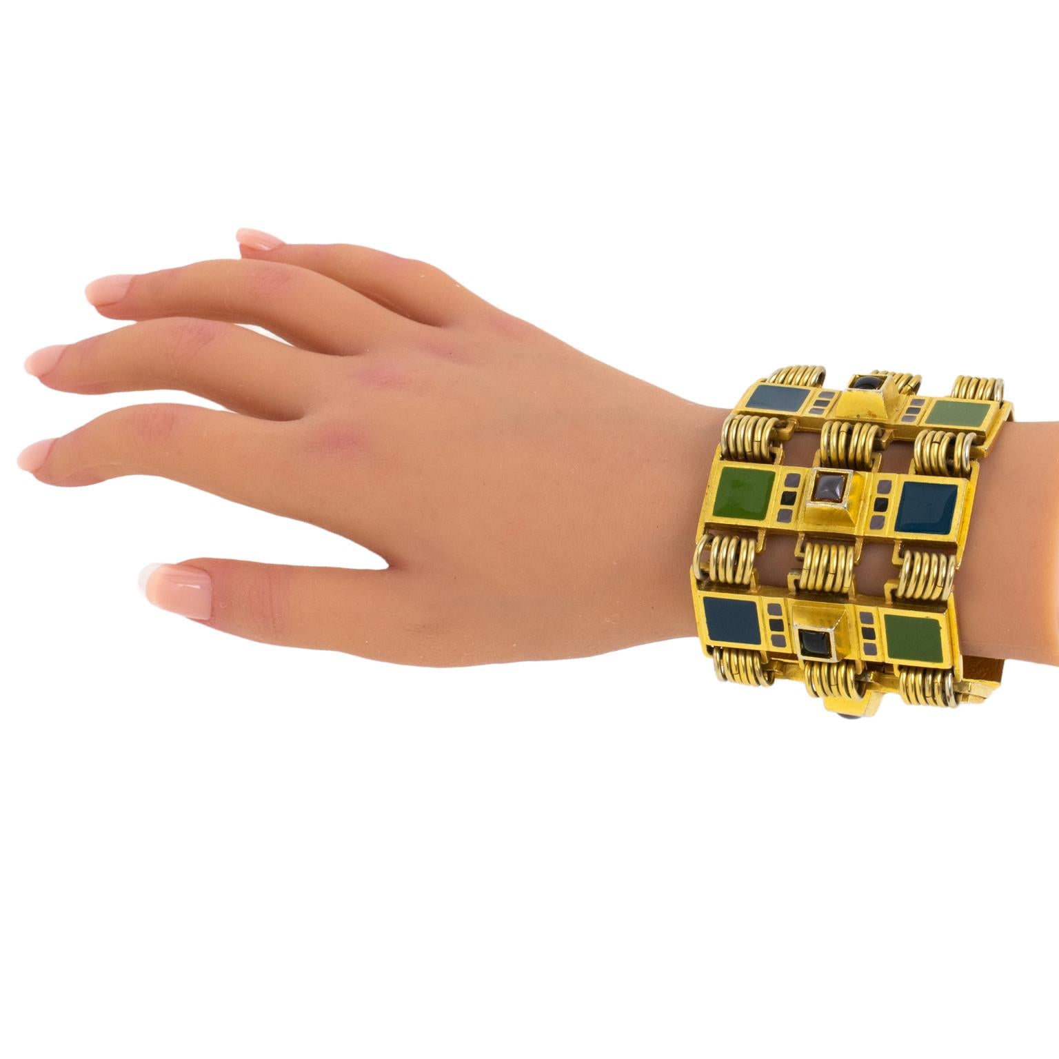 Jean Paul Gaultier Gilded Metal Large Bracelet with Enamel Cabochons For Sale 5