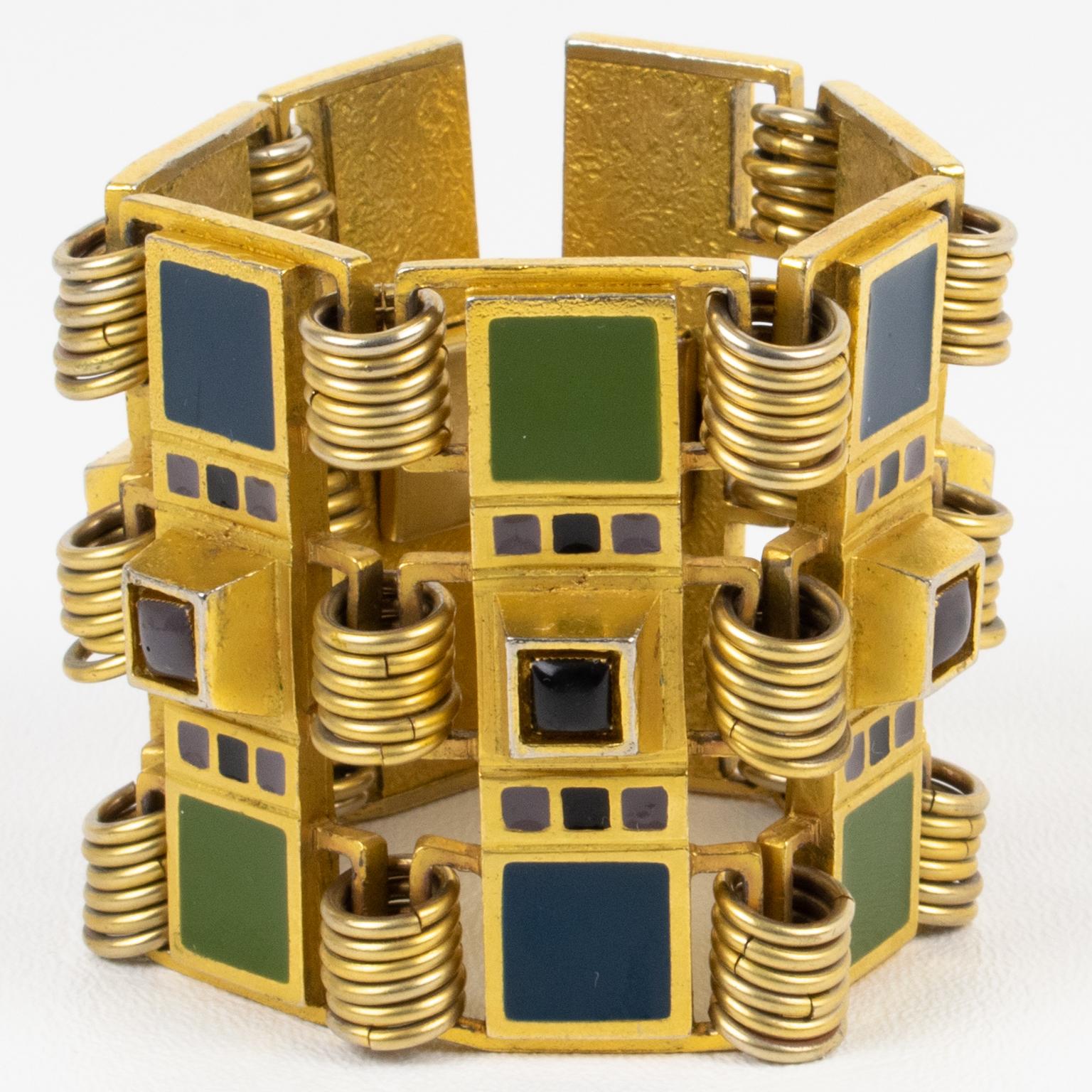 Modernist Jean Paul Gaultier Gilded Metal Large Bracelet with Enamel Cabochons For Sale