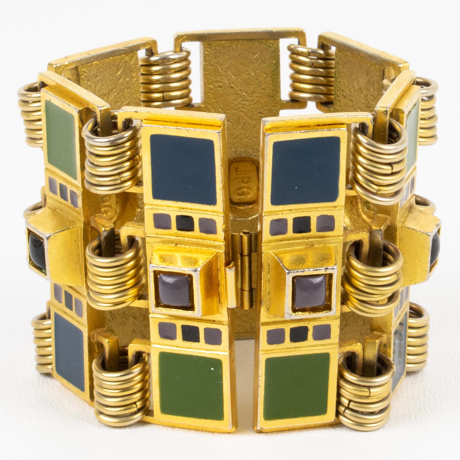 Jean Paul Gaultier Gilded Metal Large Bracelet with Enamel Cabochons In Good Condition For Sale In Atlanta, GA