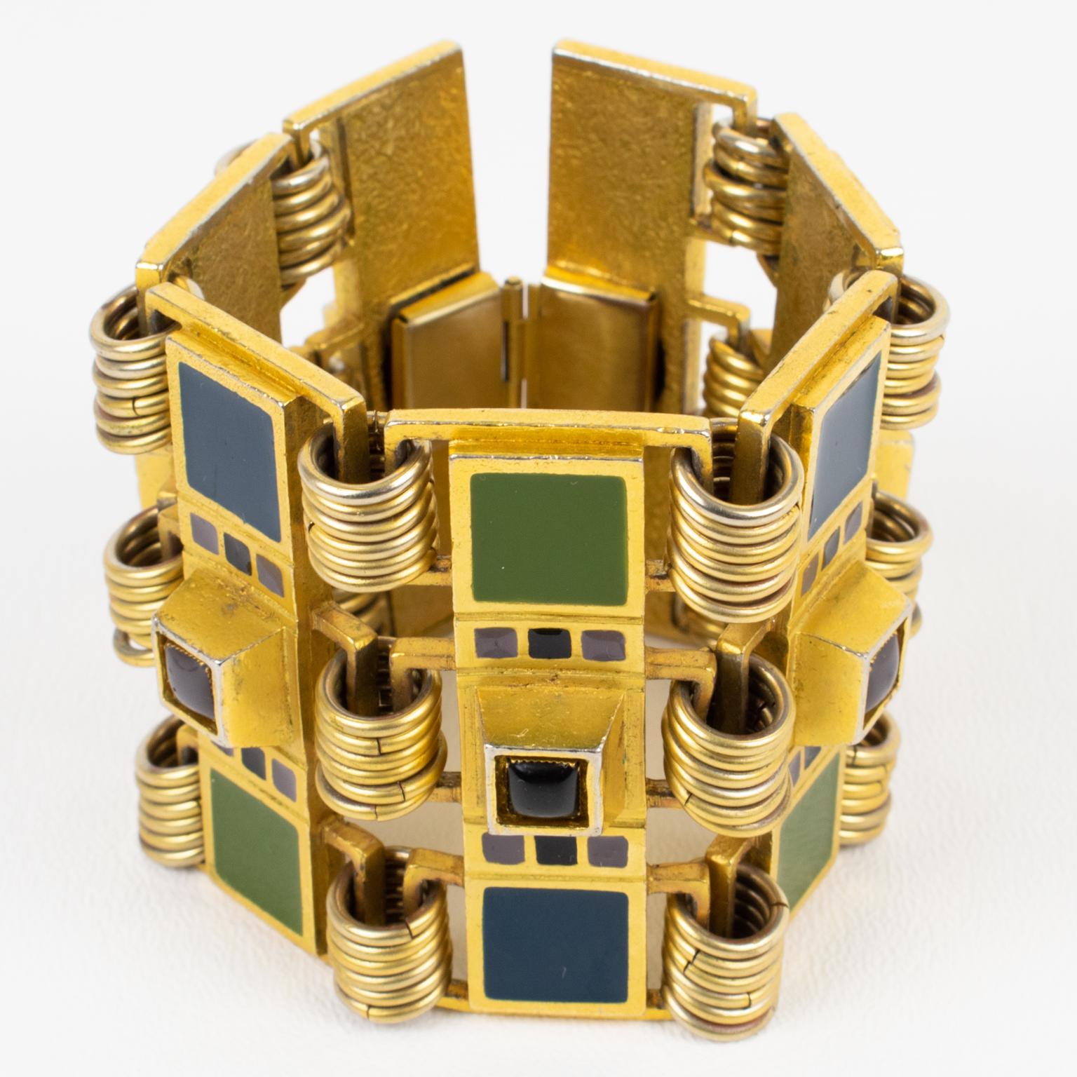 Jean Paul Gaultier Gilded Metal Large Bracelet with Enamel Cabochons For Sale 4