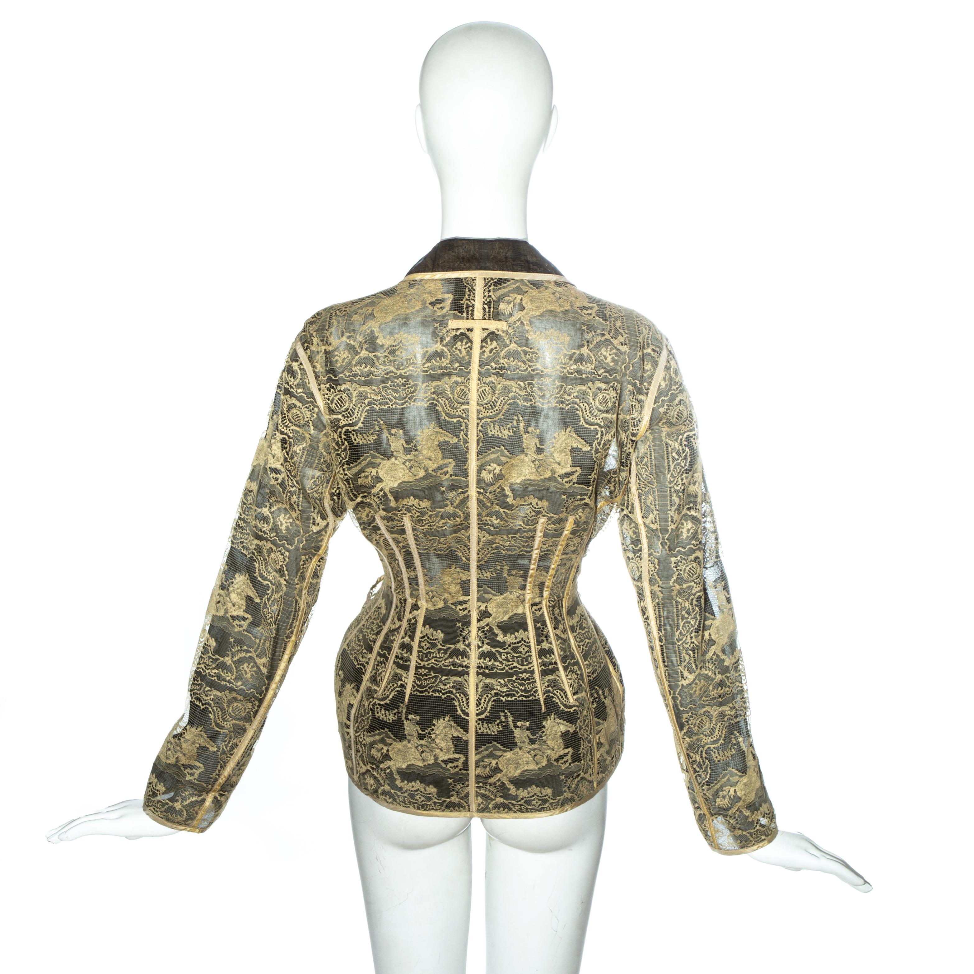 Brown Jean Paul Gaultier gold lace and silk organza corseted jacket, ss 1988 For Sale