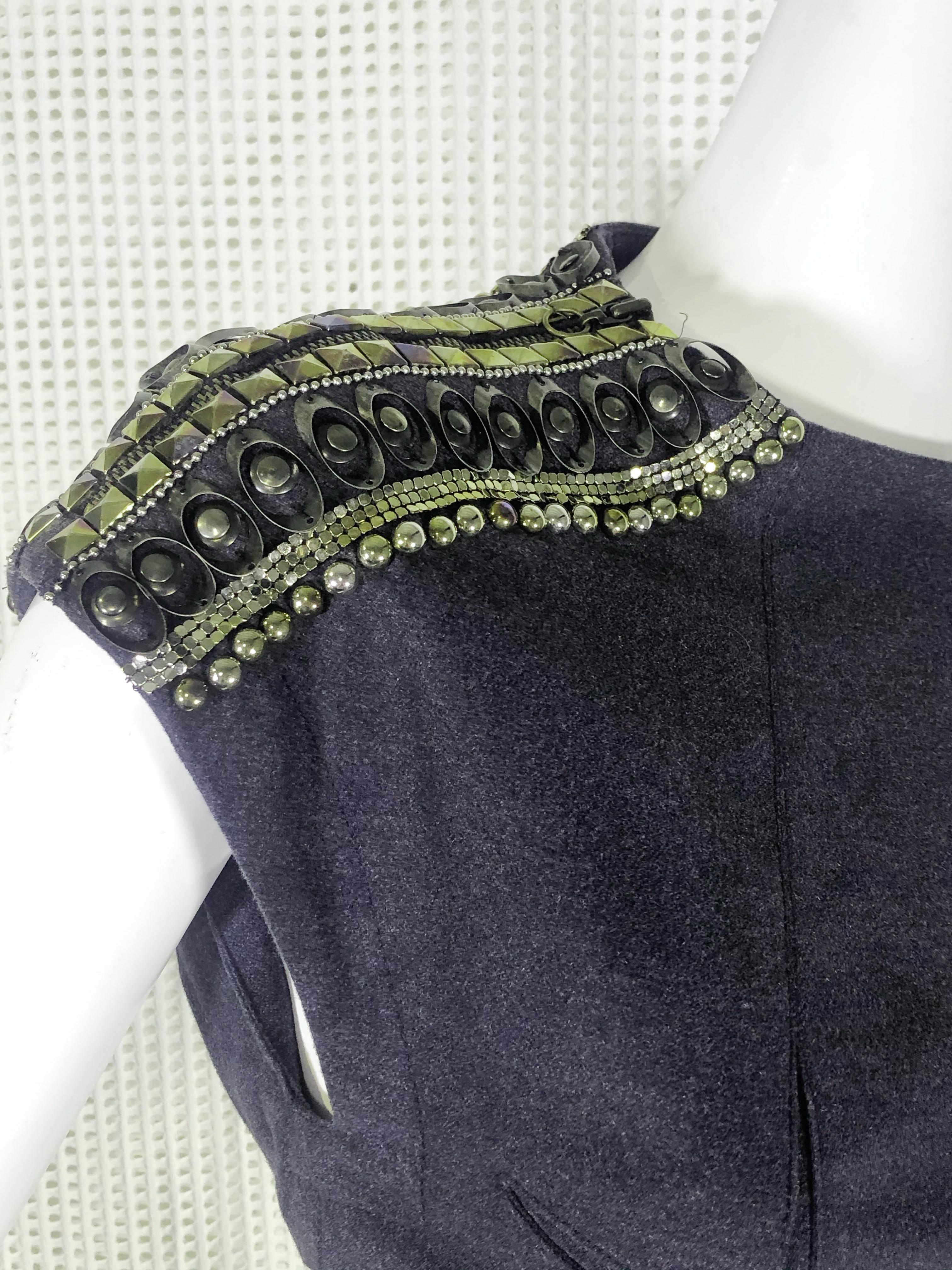 Women's Jean Paul Gaultier Gray Flannel Cocktail Dress w/ Studded Zipper Shoulders  For Sale