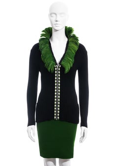 Jean Paul Gaultier green and black knitted wool feathered skirt suit, fw 1991