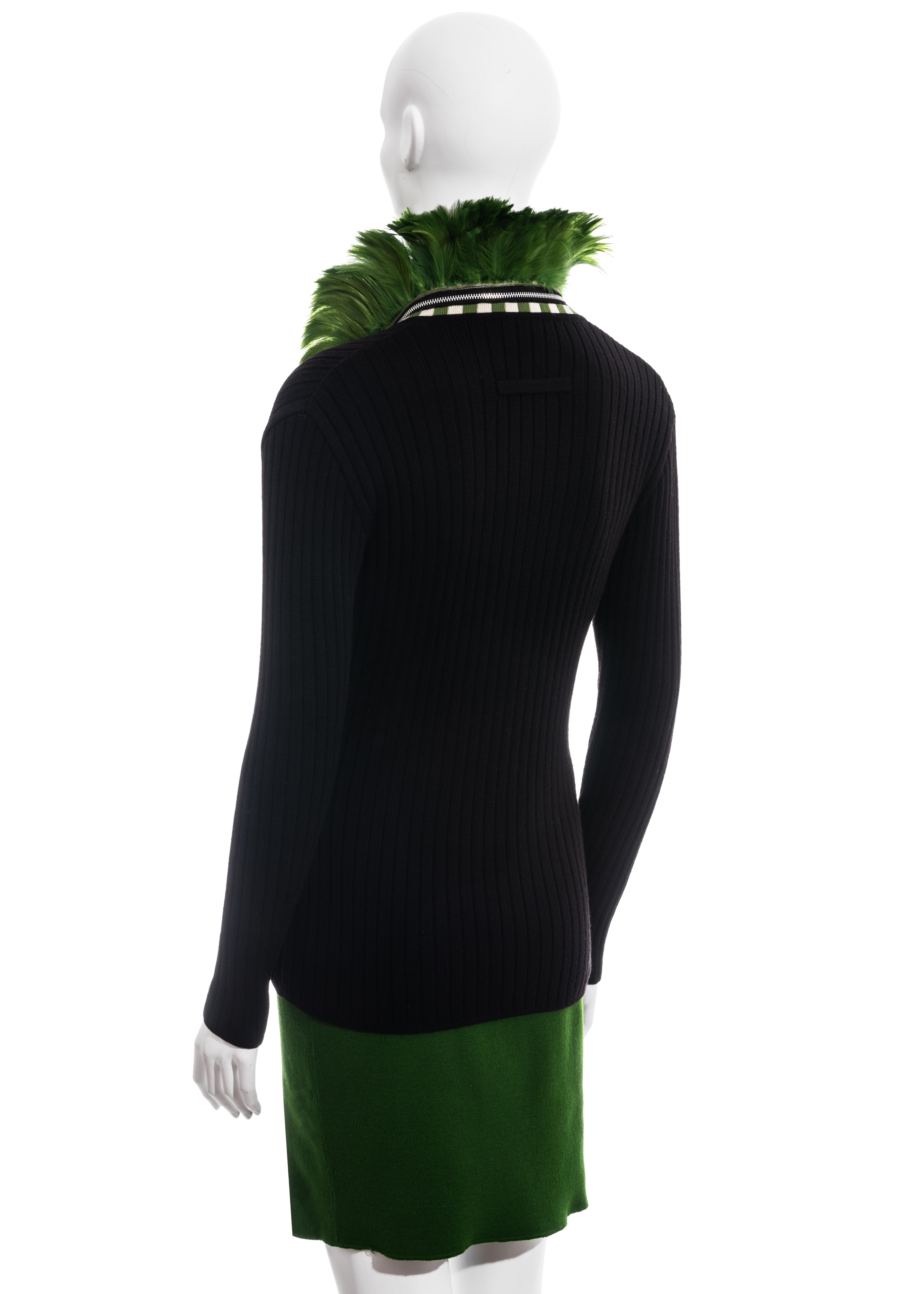 Black Jean Paul Gaultier green and black knitted wool feathered skirt suit, fw 1991 For Sale