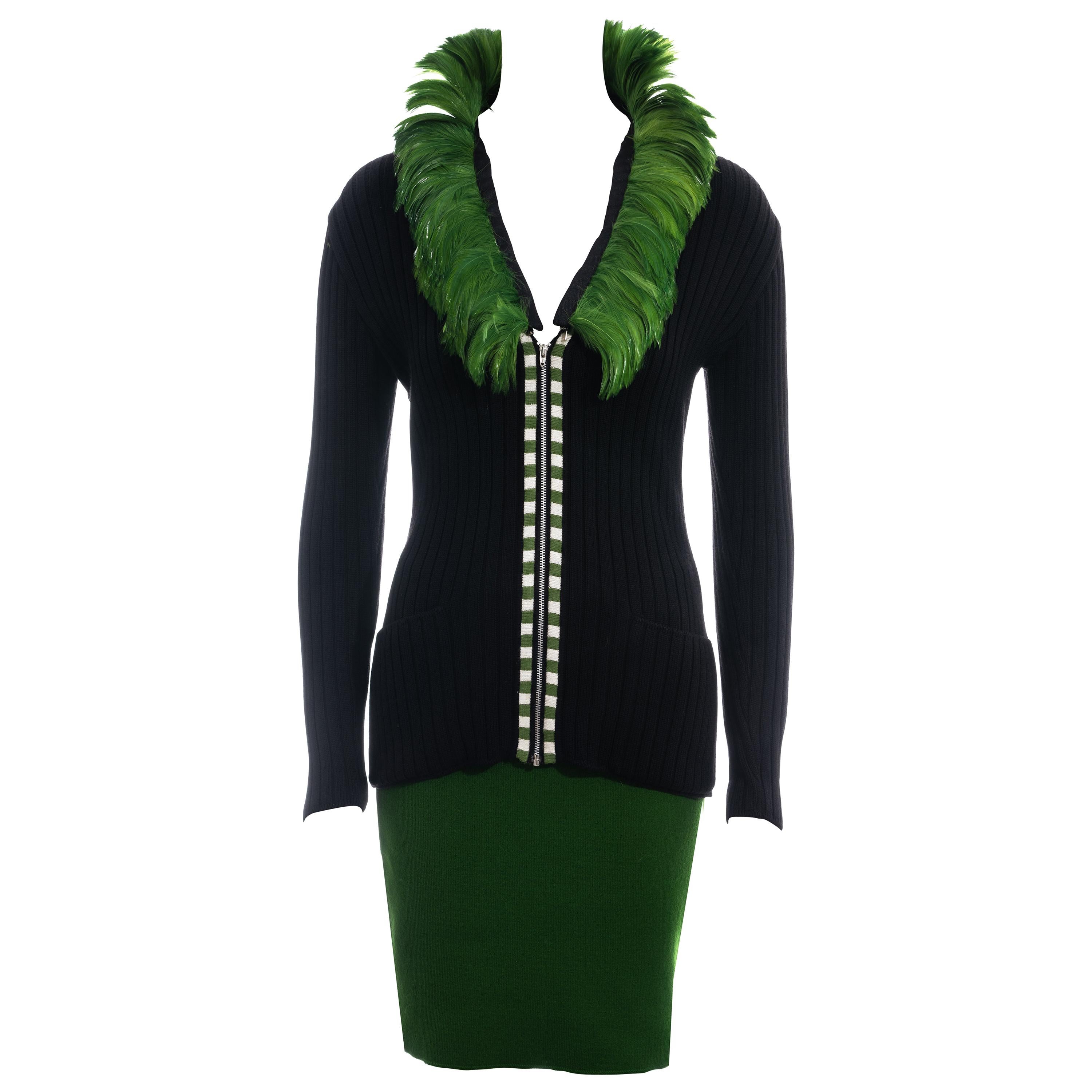 Jean Paul Gaultier green and black knitted wool feathered skirt suit, fw 1991 For Sale