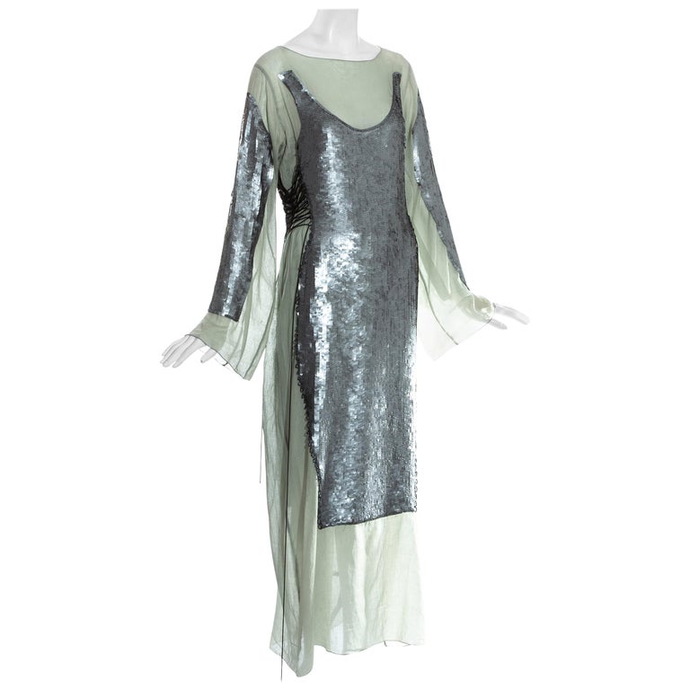 Jean Paul Gaultier green cotton trompe l'oeil sequin lace up dress, ss ...